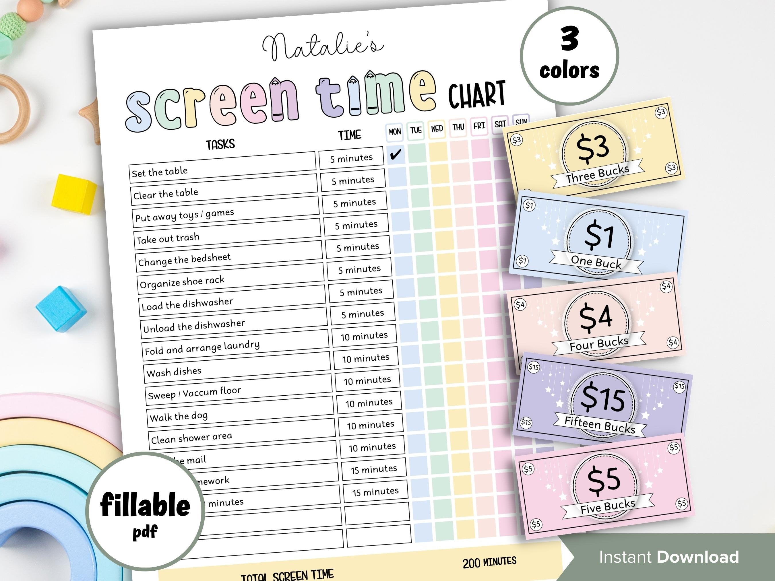 Screen Time Tracker | Limit Screen Time | Screen Time Chore Chart | Earn Screen Time | For Kids | Summer Checklist | School Routine