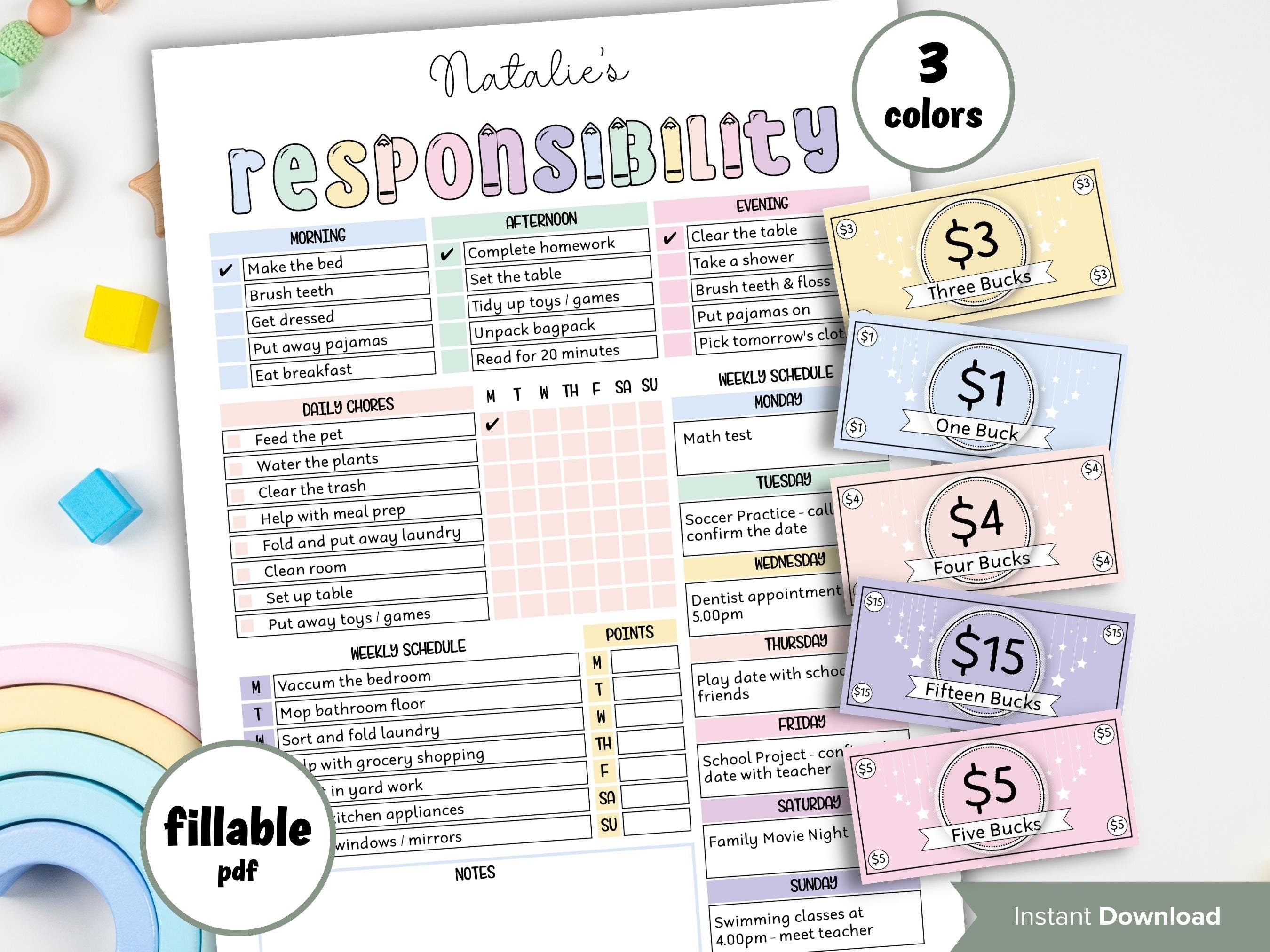 Daily Task List | Kids Daily Responsibilities Chart | Editable Responsibility Chart Bundle | Family Chore Chart | Adhd Cleaning Planner