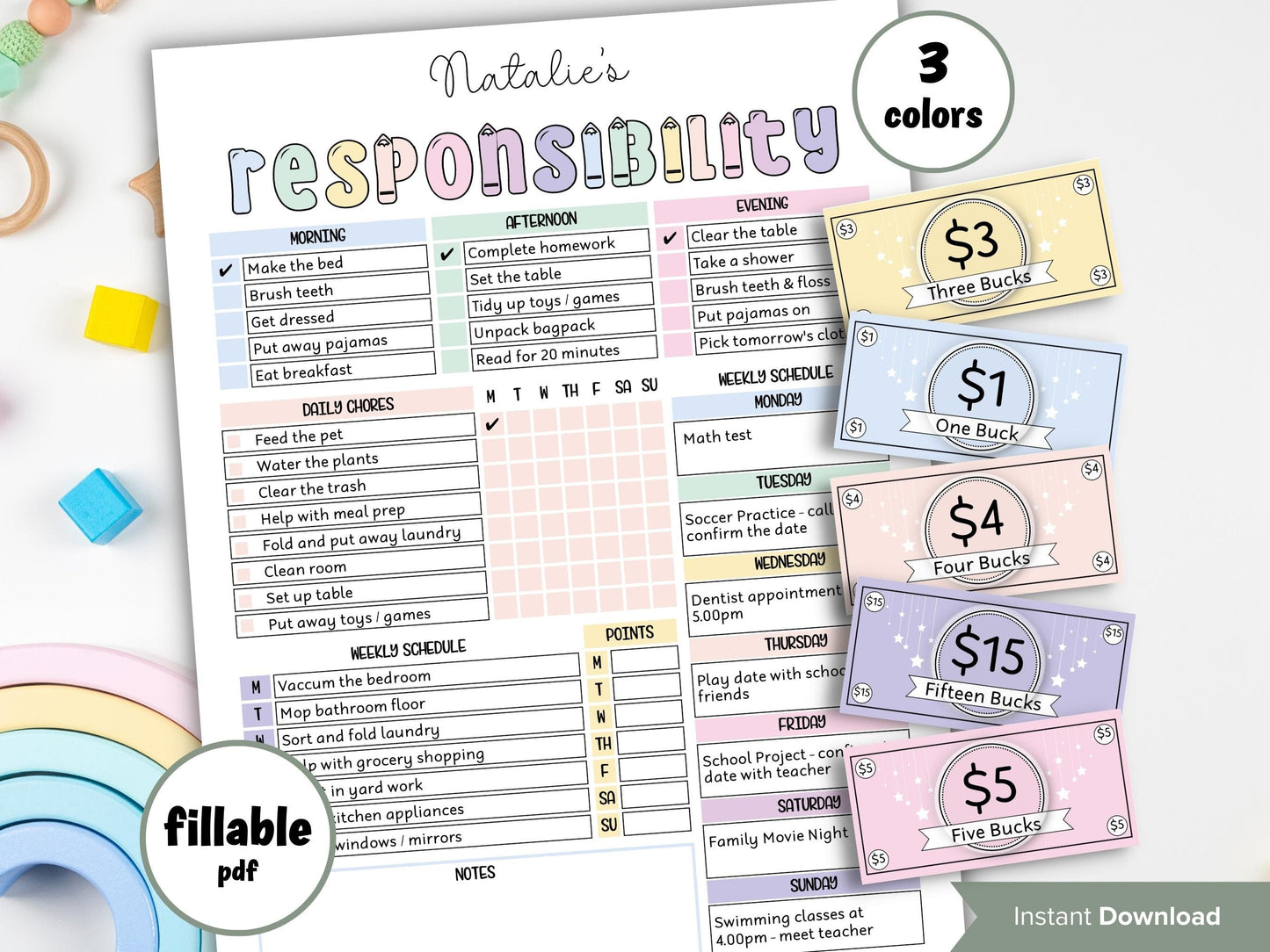 Daily Task List | Kids Daily Responsibilities Chart | Editable Responsibility Chart Bundle | Family Chore Chart | Adhd Cleaning Planner