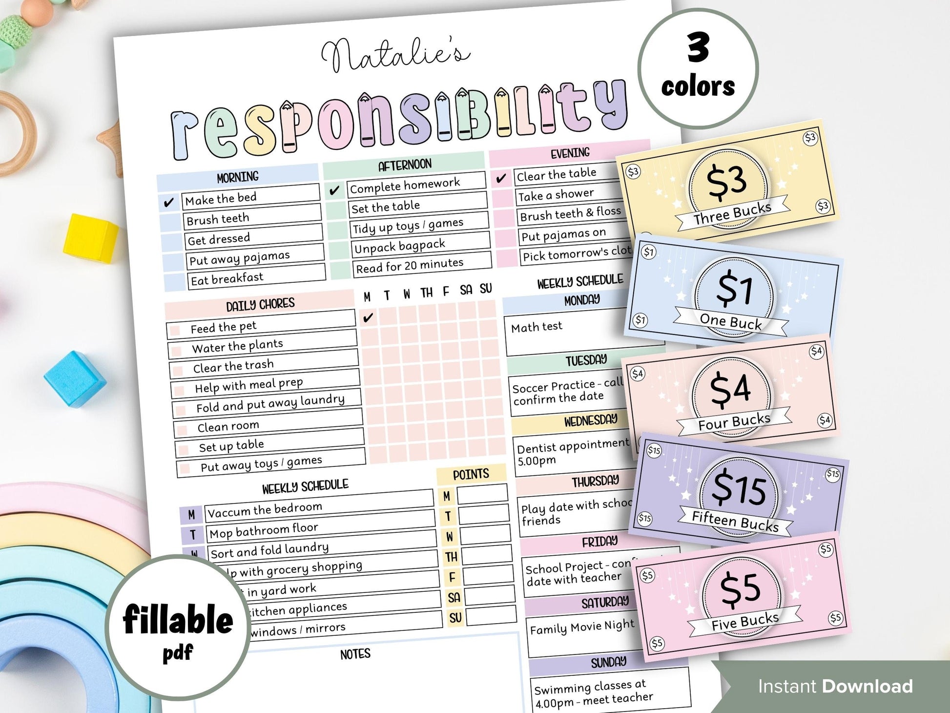 Daily Task List | Kids Daily Responsibilities Chart | Editable Responsibility Chart Bundle | Family Chore Chart | Adhd Cleaning Planner