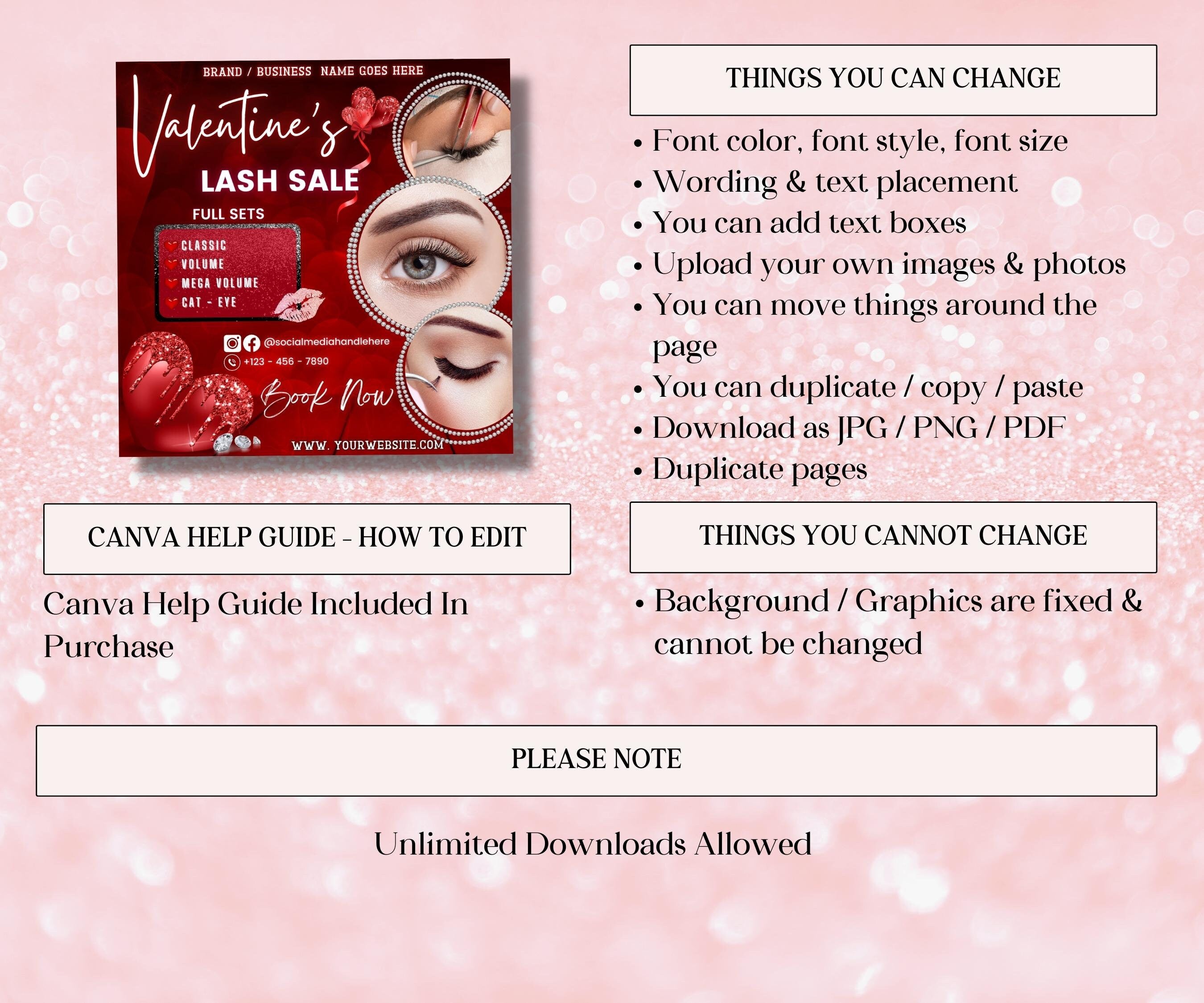 Valentines Lashes Flyer I Booking Flyer | Valentines Bookings | Beauty Flyer | VDay Flyer | Flyer Template | Edit In Canva