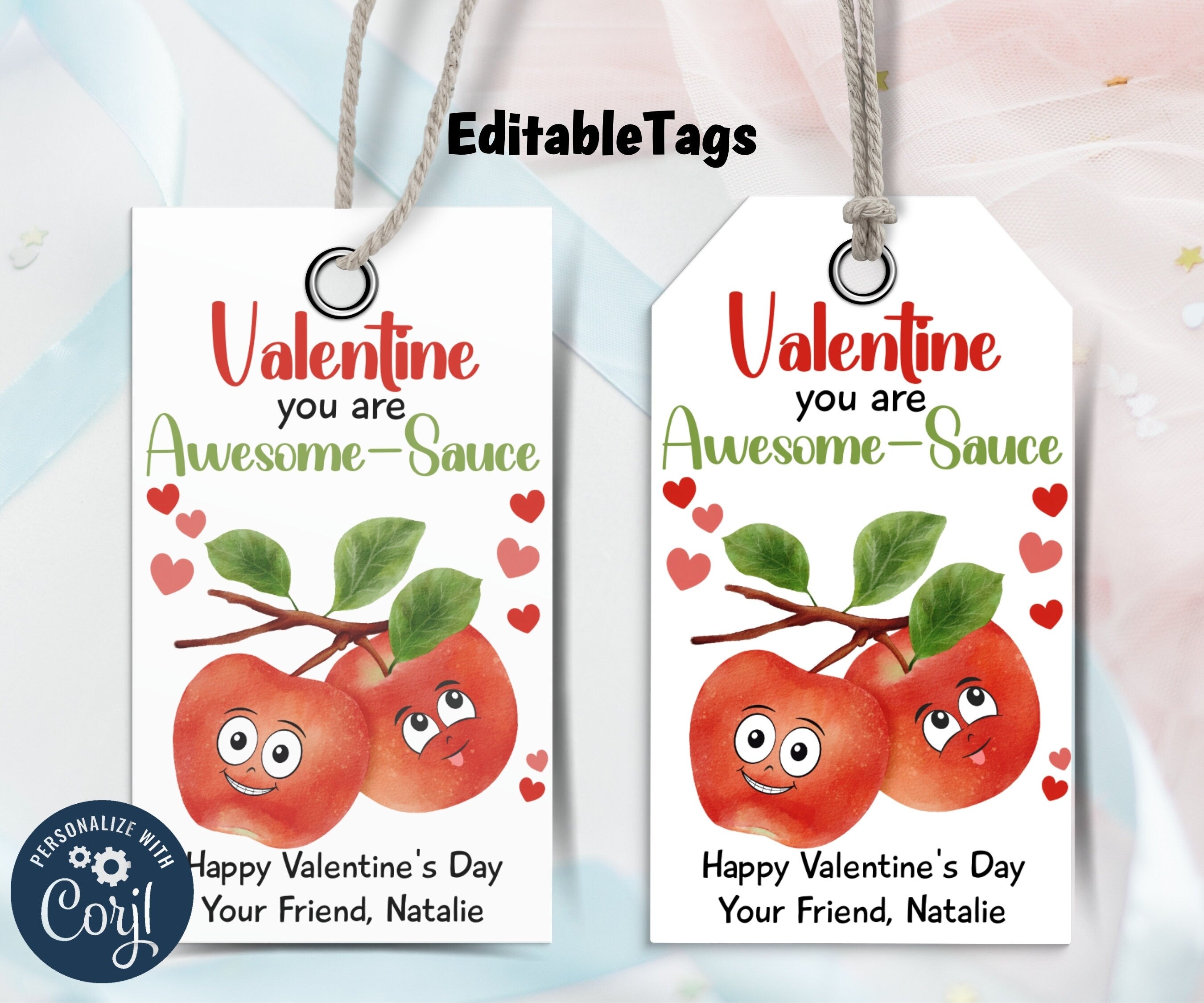 Applesauce Valentine Tags | Valentine Treat | Kids Valentine Cards Printable | Personalized Classroom Valentine Favor Tags For School I Card