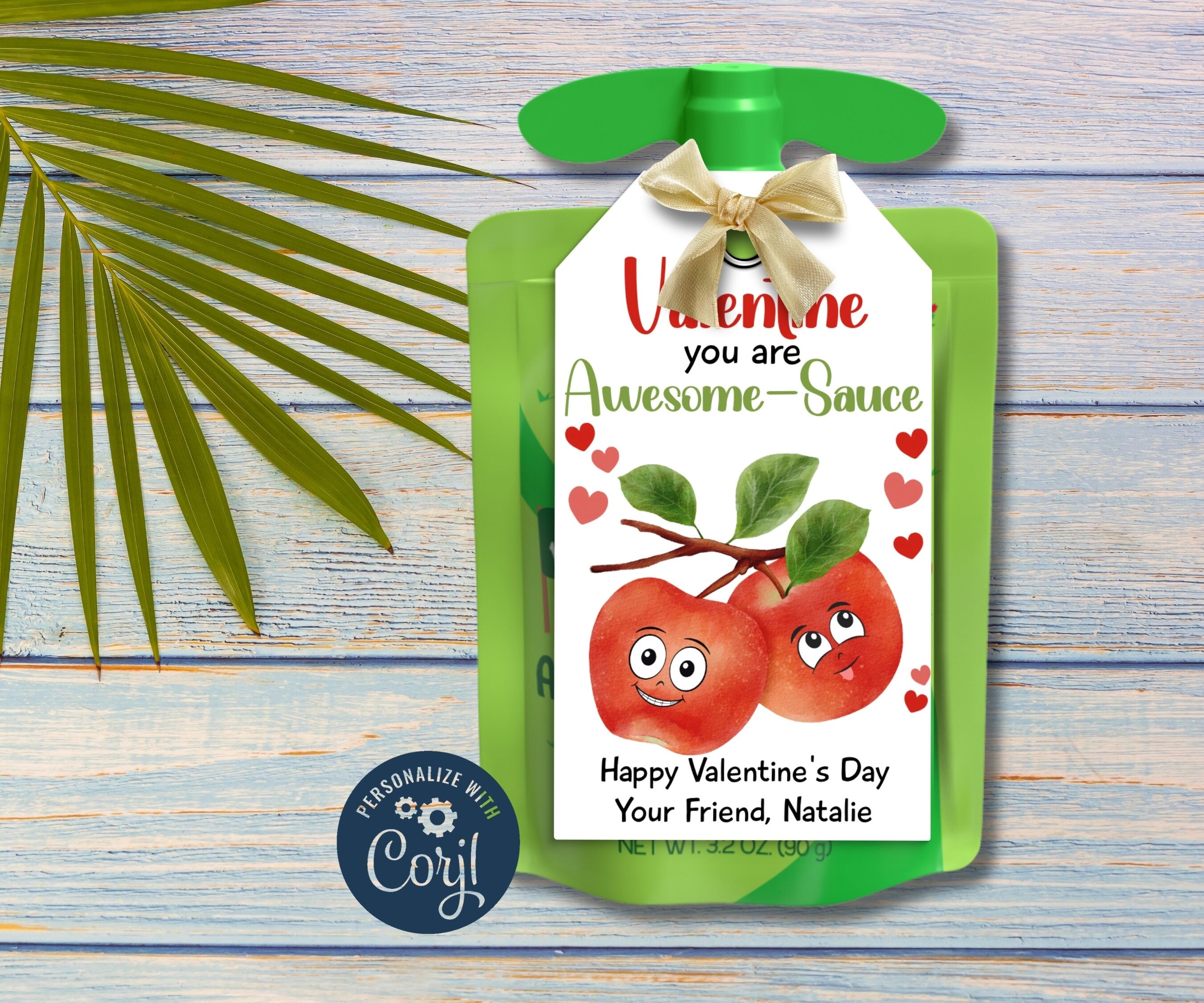 Applesauce Valentine Tags | Valentine Treat | Kids Valentine Cards Printable | Personalized Classroom Valentine Favor Tags For School I Card