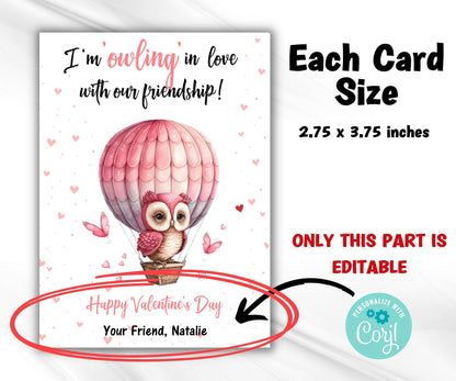 Owl Valentine Editable in Corjl I Owl Valentines Day Cards | Classroom Valentines | Owl Valentine I Personalized Owl Gift tag cards