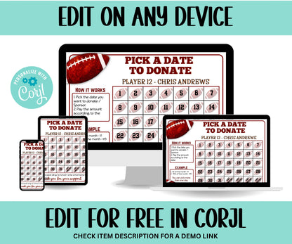 Editable Football Fundraiser Calendar | Pick A Date To Donate Printable | Digital Template | Team Sports Football Player Calendar I team