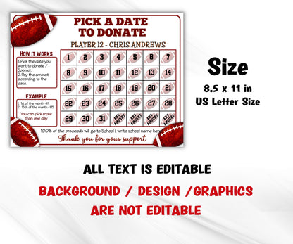 Editable Football Fundraiser Calendar | Pick A Date To Donate Printable | Digital Template | Team Sports Football Player Calendar I team