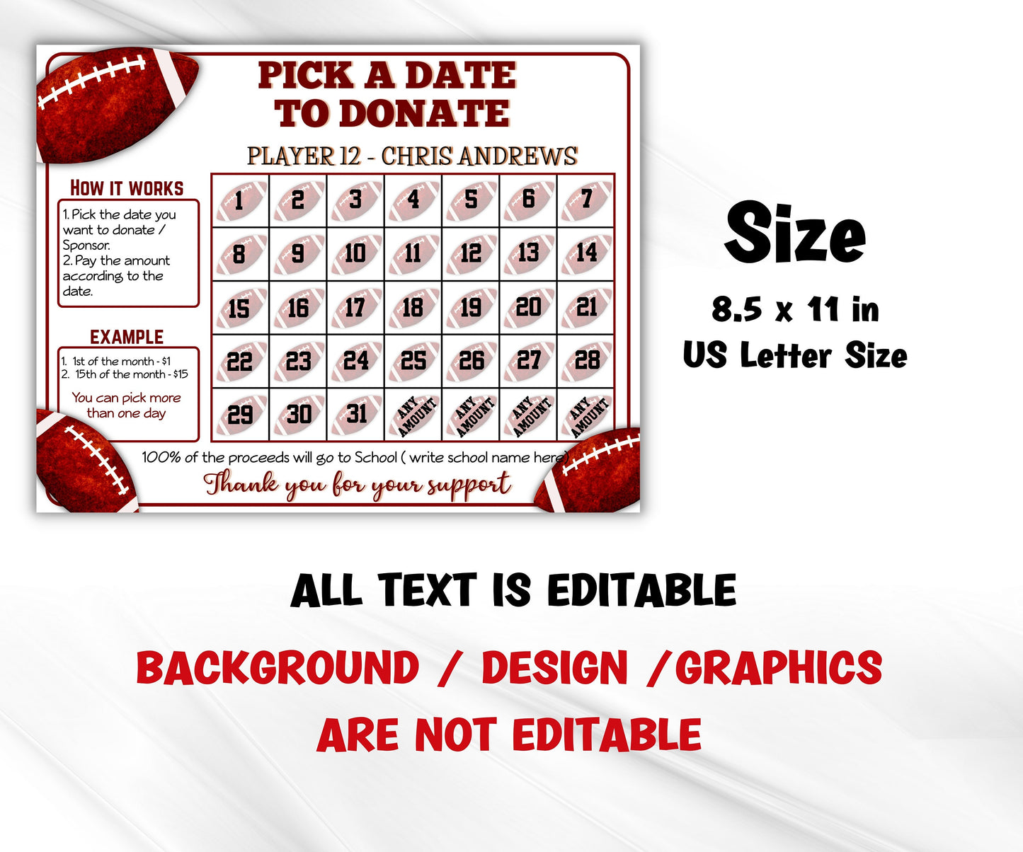 Editable Football Fundraiser Calendar | Pick A Date To Donate Printable | Digital Template | Team Sports Football Player Calendar I team