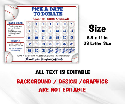 Baseball Calendar Fundraiser | Editable in Corjl File | Baseball Fundraiser | Pick A Date To Donate | Baseball Team Ideas I Pick A Date