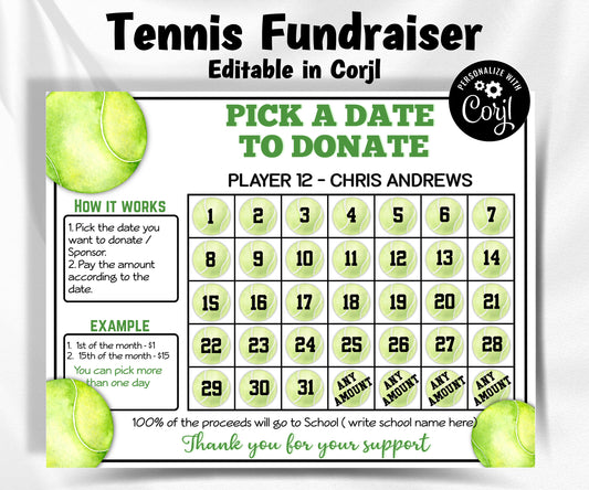 Tennis Fundraiser Calendar | Black Out My Board | Teniis game sponsorship | Tennis Pick A Date To Donate I Tennis Sponsor I Team Fund