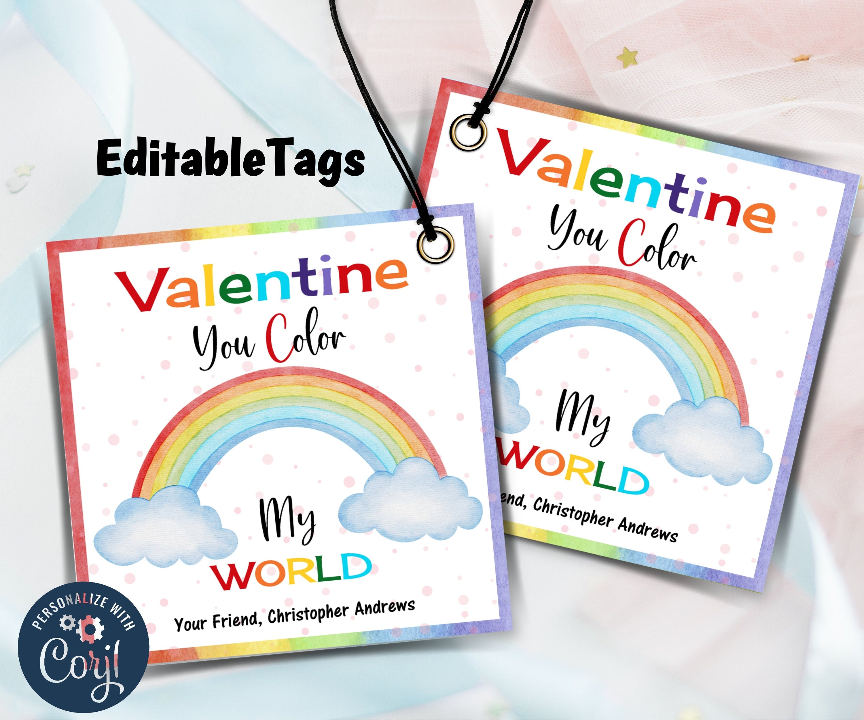 Valentine Rainbow School Tag I Editable Rainbow Valentine' | Kid Valentine Girl | Rainbow Valentine'S Day Gift Tag | Crayon Card Valentine