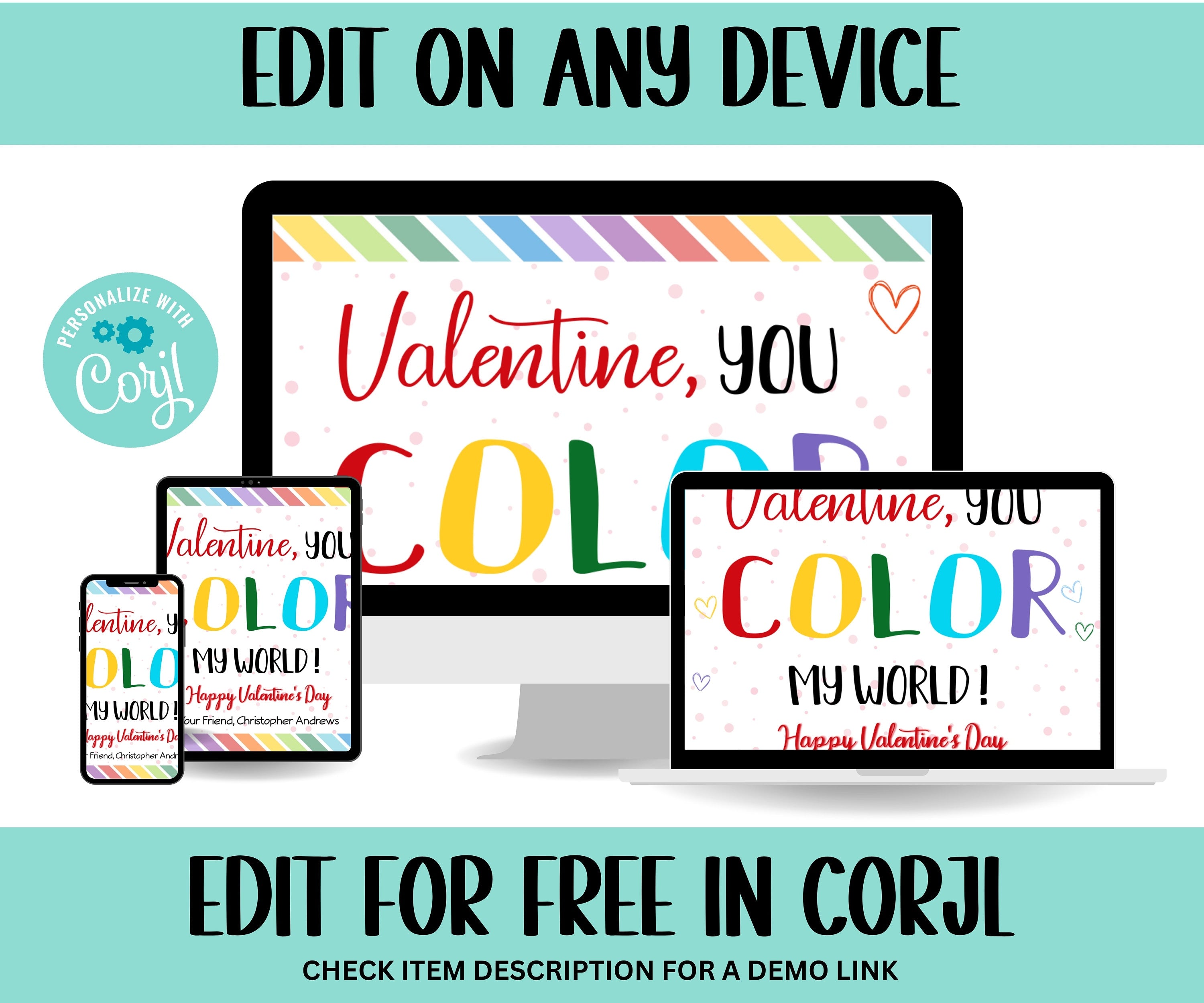 Editable in Corjl Rainbow Valentine' | Rainbow School Tag I Kid Valentine Girl | Rainbow Valentine Day Gift Tag | Crayon Card Valentine