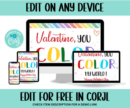 Editable in Corjl Rainbow Valentine' | Rainbow School Tag I Kid Valentine Girl | Rainbow Valentine Day Gift Tag | Crayon Card Valentine