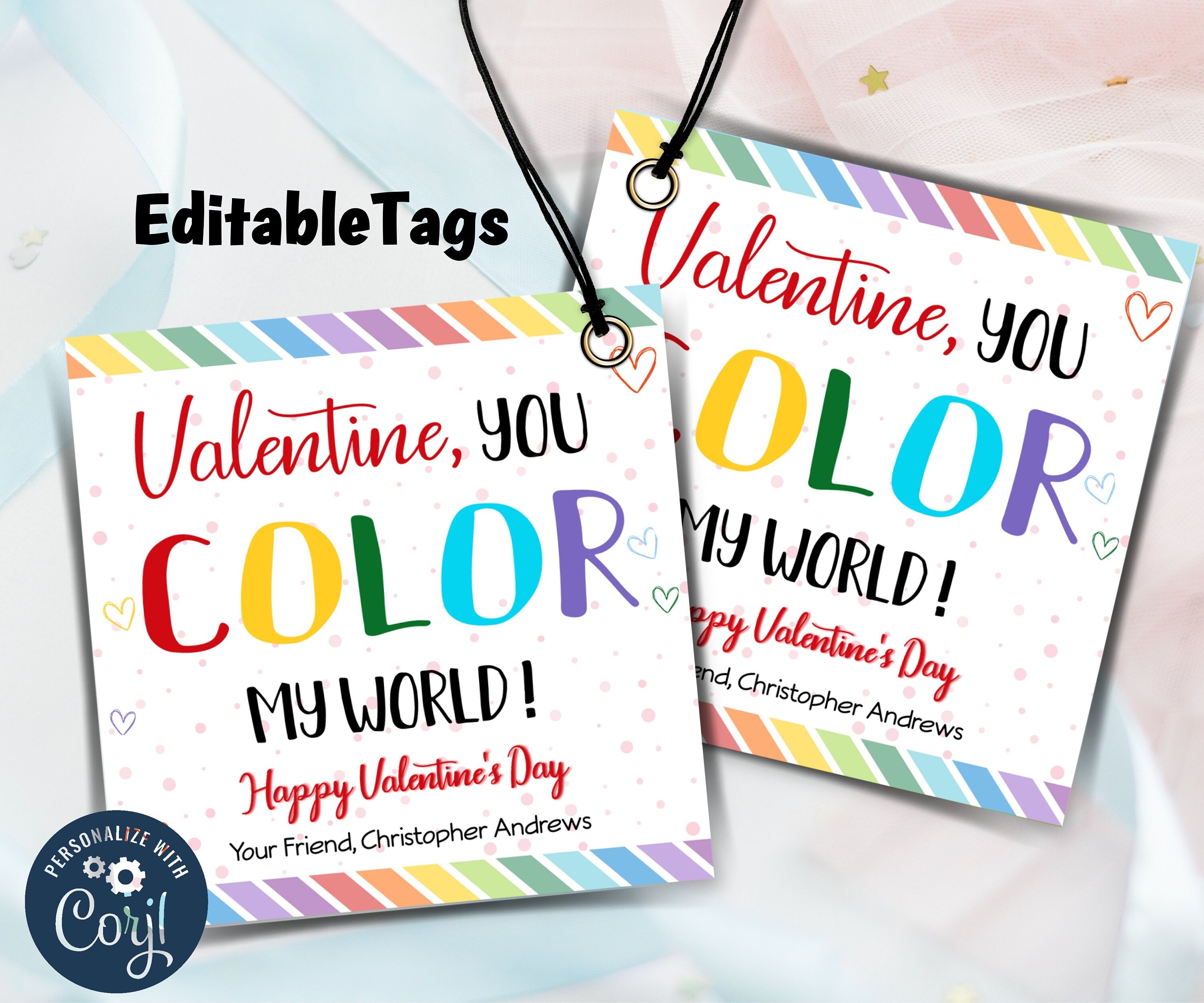 Editable in Corjl Rainbow Valentine' | Rainbow School Tag I Kid Valentine Girl | Rainbow Valentine Day Gift Tag | Crayon Card Valentine