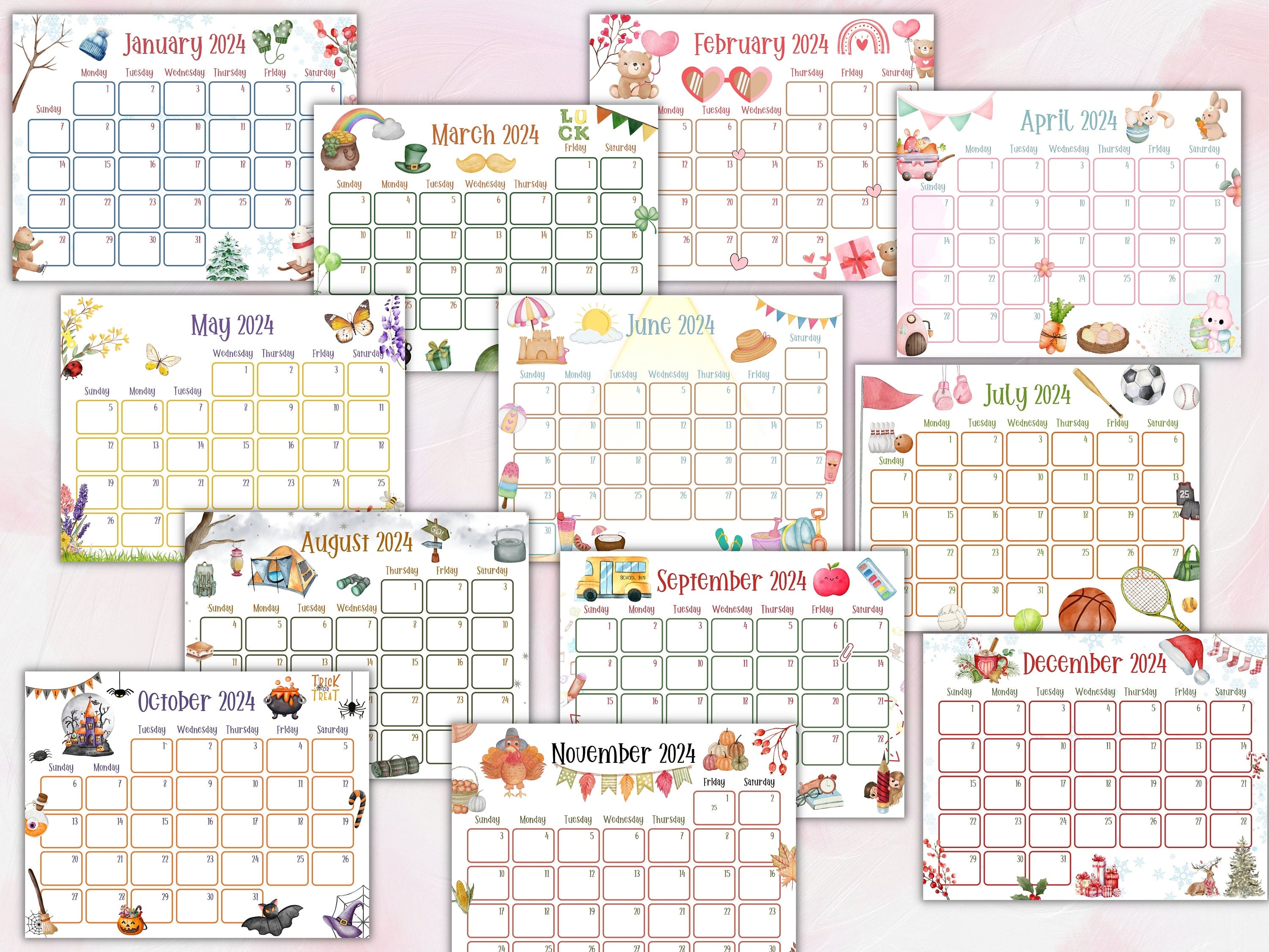 2024 Cute Printable Calendars, Printable Kids Calendars, Watercolor Calendars, Homeschool Calendars, Kids Calendars, Cute Calendars, annual