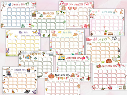 2024 Cute Printable Calendars, Printable Kids Calendars, Watercolor Calendars, Homeschool Calendars, Kids Calendars, Cute Calendars, annual