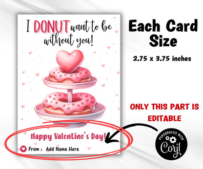 Editable Donut Valentine | Kid Valentine Cards | Donut Know Valentine | Printable Cards For Kids | Printable Tag | Valentine Favor Tags