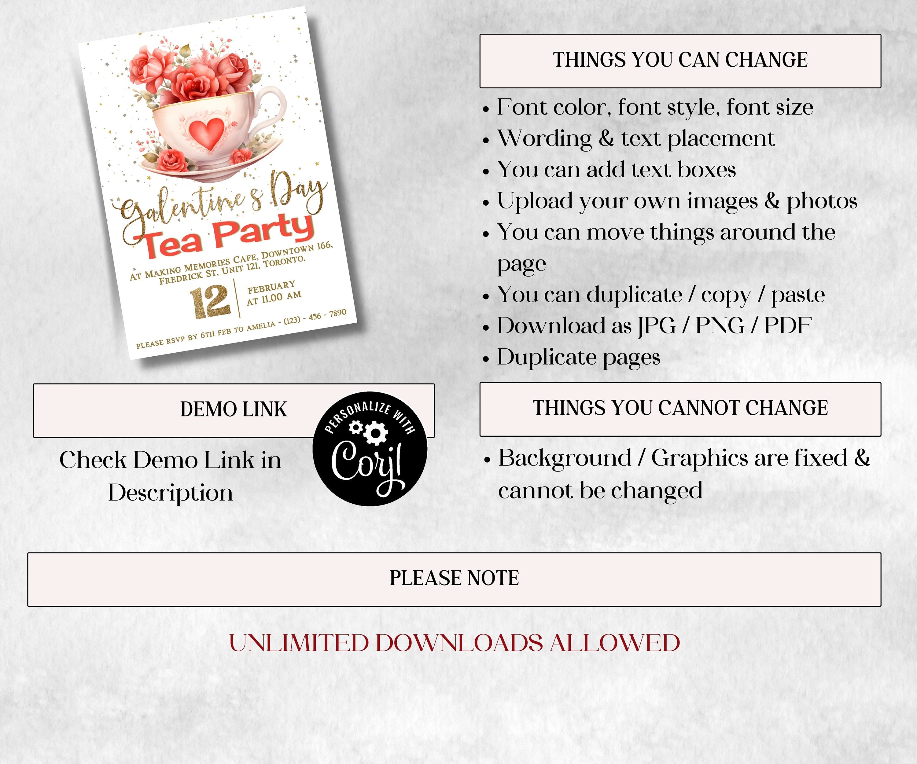 Galentines Tea Party Invitation | Galentines Day I Gift Exchange Galentine Day Invitation | Editable Galentine'S Invite | Editable in Corjl