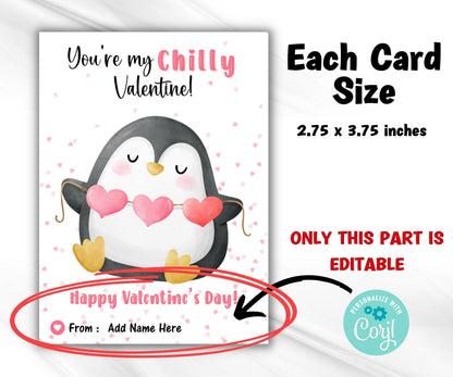 Penguin Valentines Day Cards, Classroom Valentines, Printable School Valentines , Kids Valentine Cards for School Daycare, Gift For Teacher