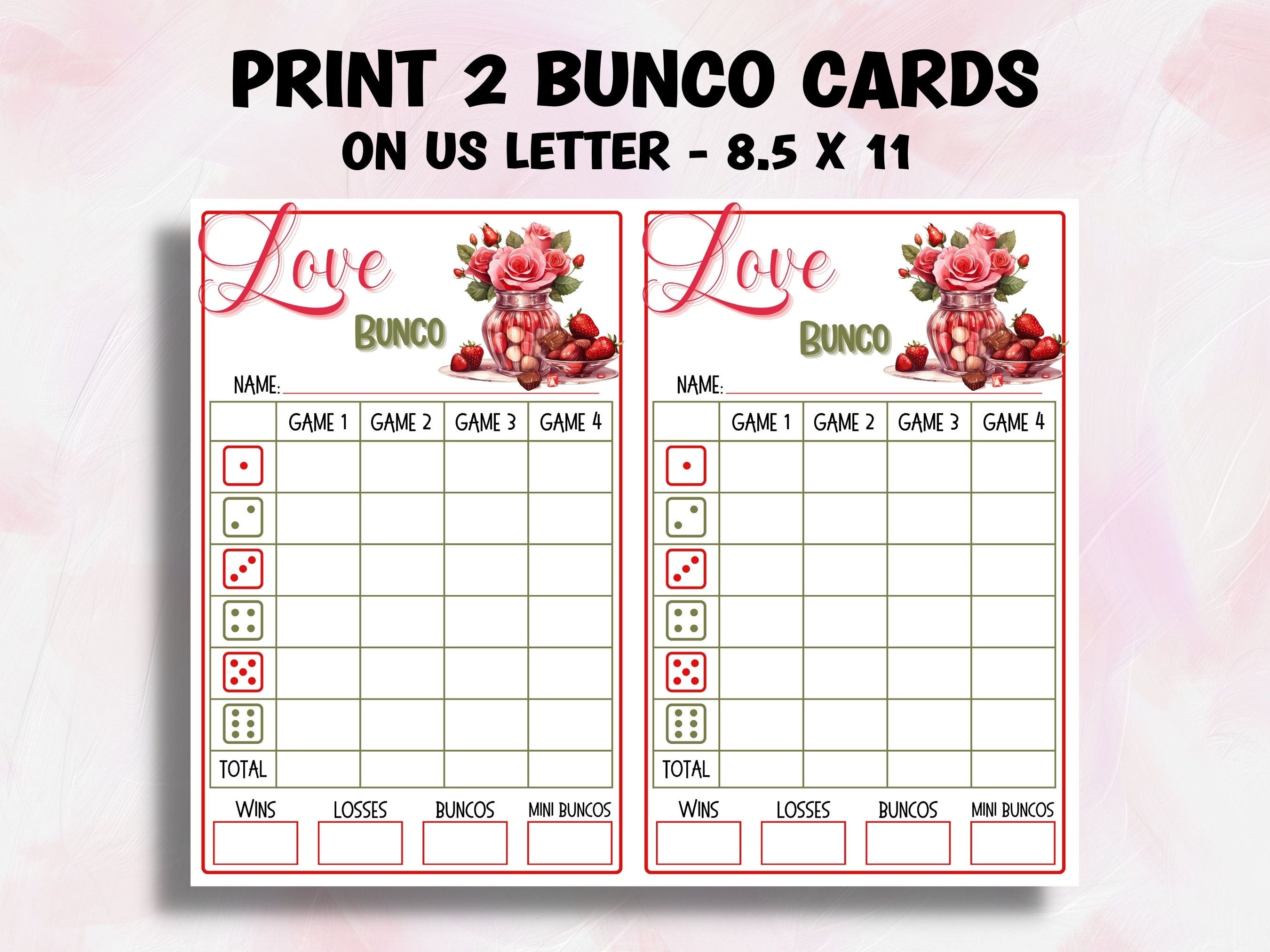 Love Bunco Score Sheet Template | Pink And Red Printable Bunco | Valentines Printable Bunco | Printable Bunco Set I February Bunco Cards