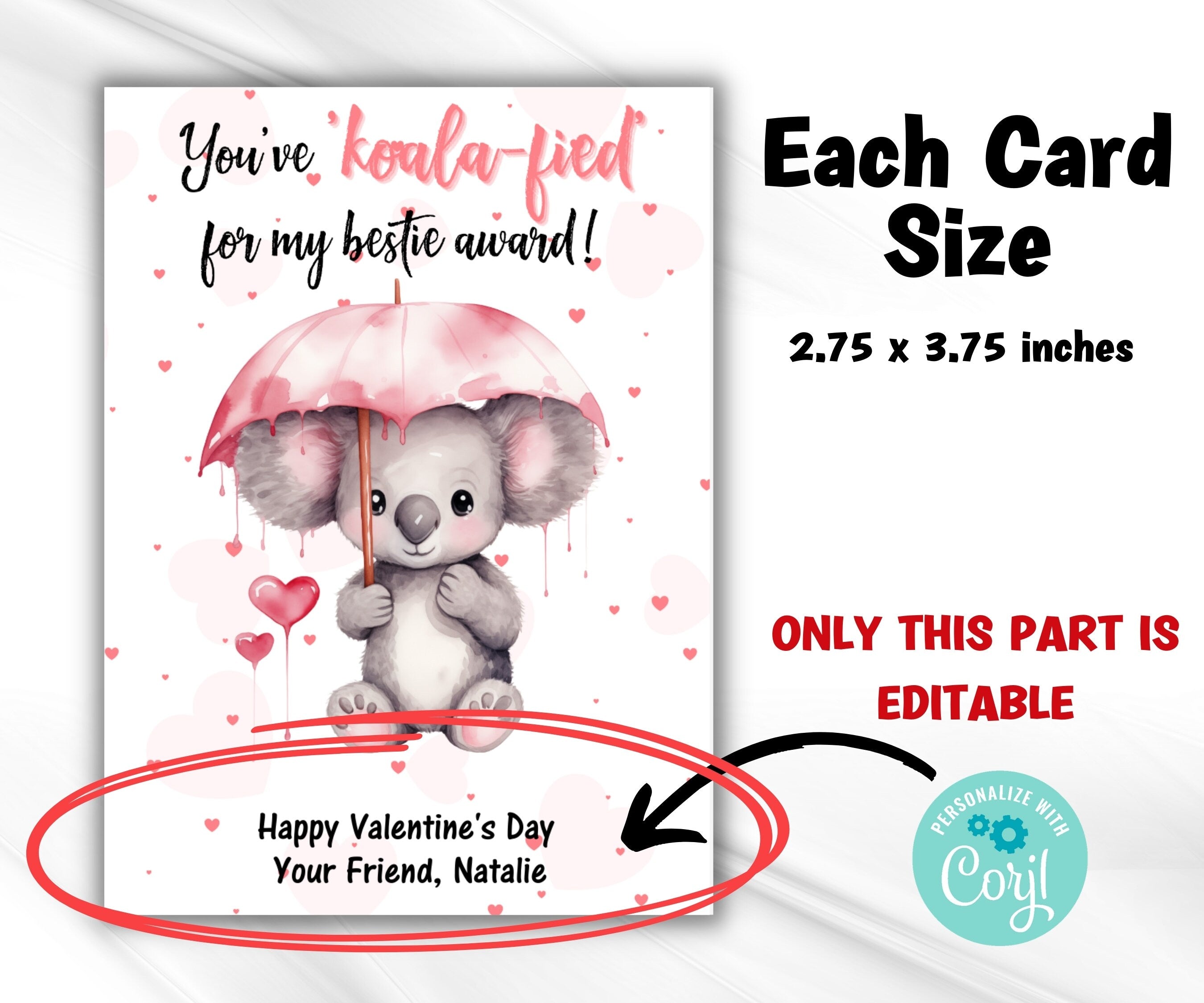 Editable in Corjl Koala Valentine I Koala Valentines Day Cards | Classroom Valentines | Koala Valentine I Personalized Koala Gift tag cards