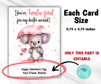 Editable in Corjl Koala Valentine I Koala Valentines Day Cards | Classroom Valentines | Koala Valentine I Personalized Koala Gift tag cards