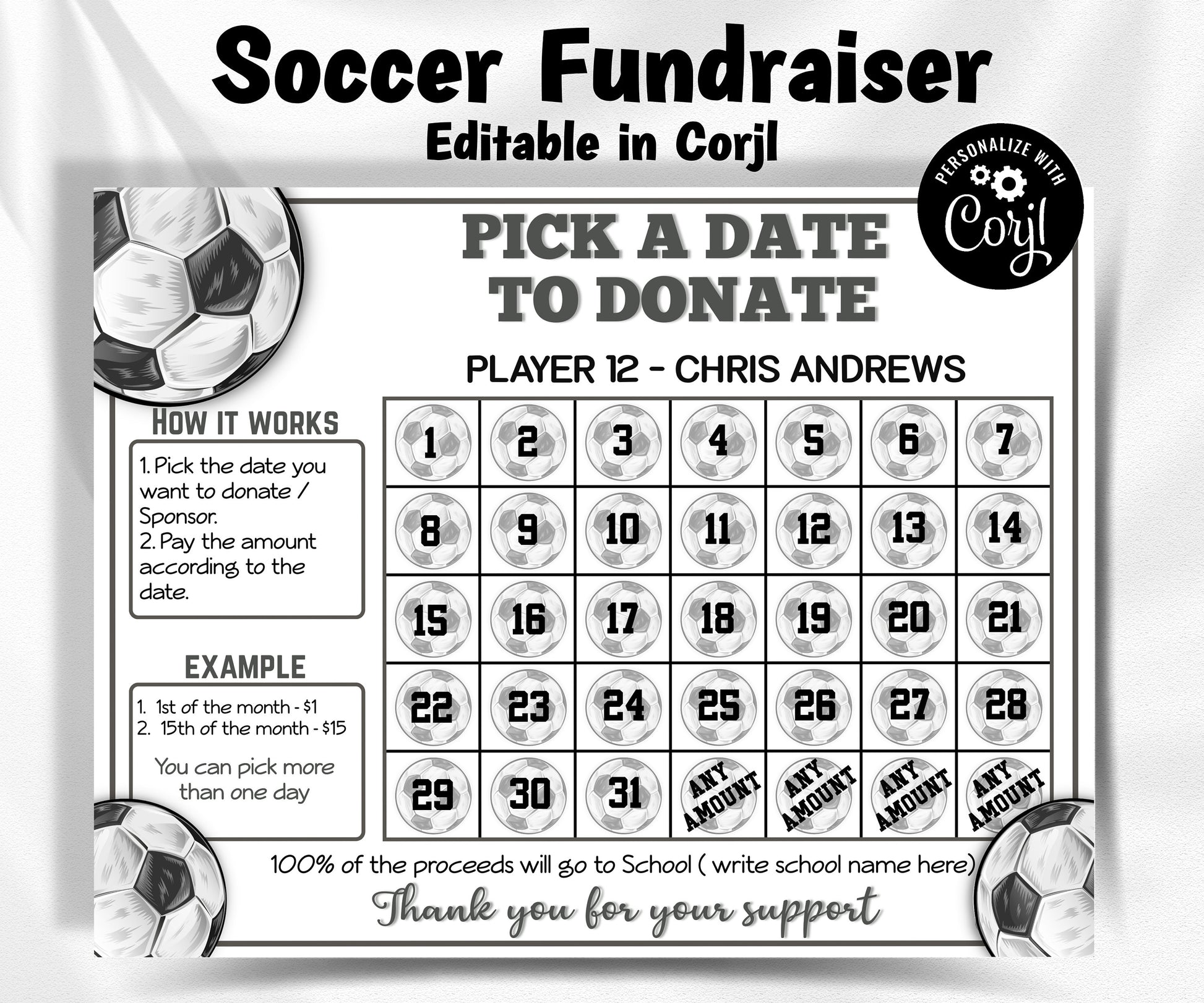 Pick A Date To Donate | Editable Calendar | Soccer Fundraiser Template | Pay My Day | Soccer Team Fundraiser I School Fundraiser I Soccer