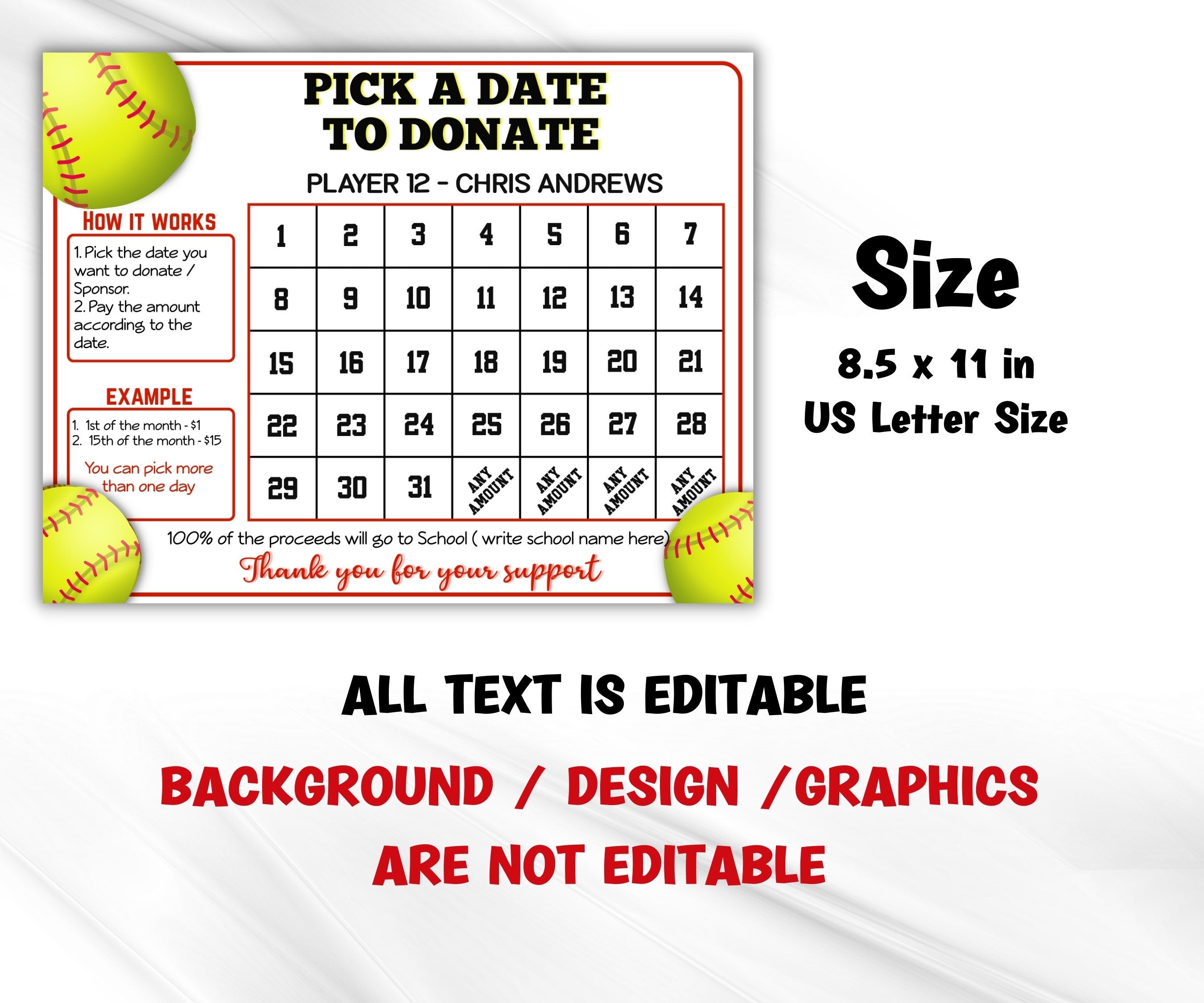 Clear The Board Fundraising Made Easy I Pay The Date | Editable File | Pick A Date To Donate Printable | Fundraiser Calendar | Softball