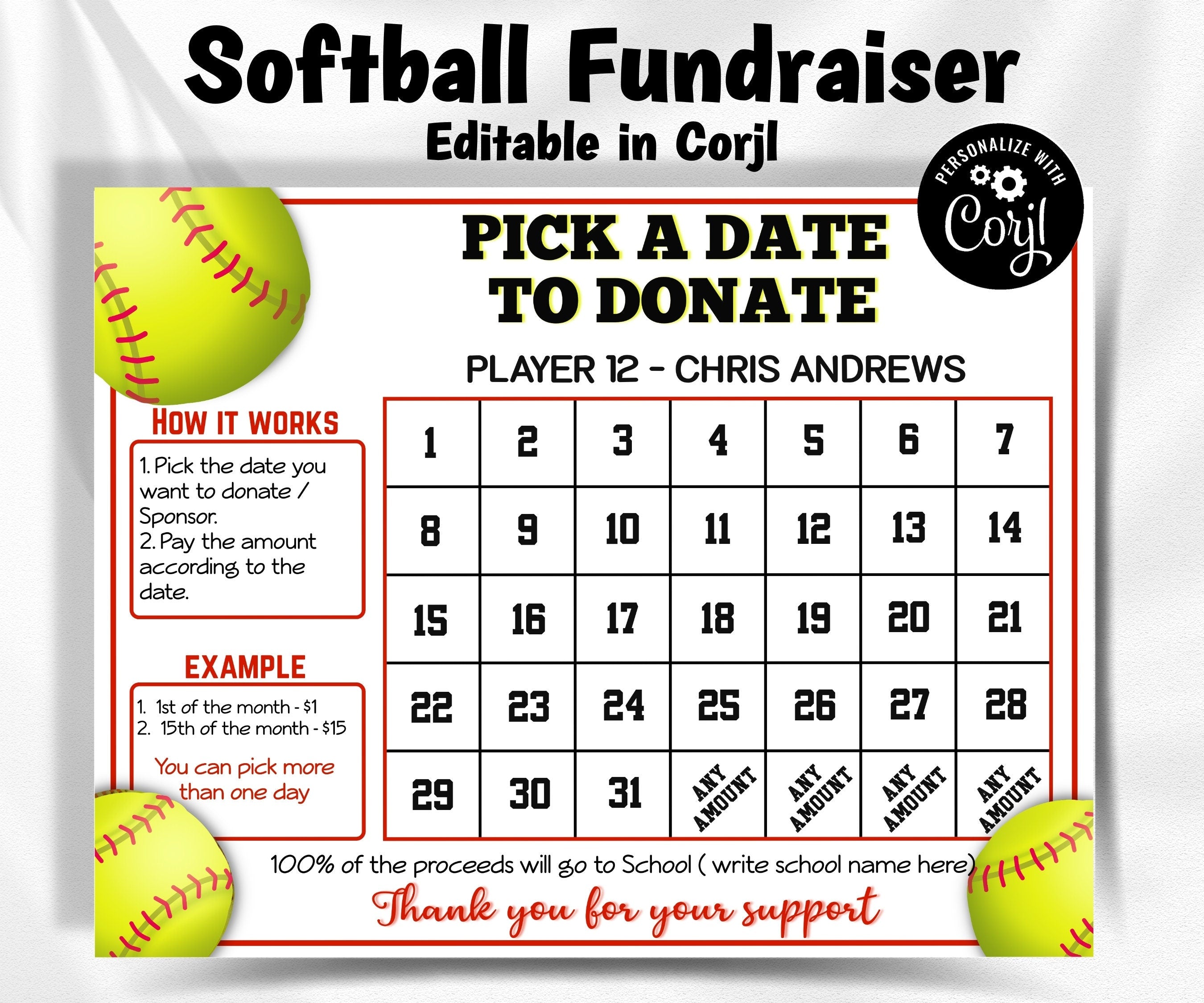 Clear The Board Fundraising Made Easy I Pay The Date | Editable File | Pick A Date To Donate Printable | Fundraiser Calendar | Softball