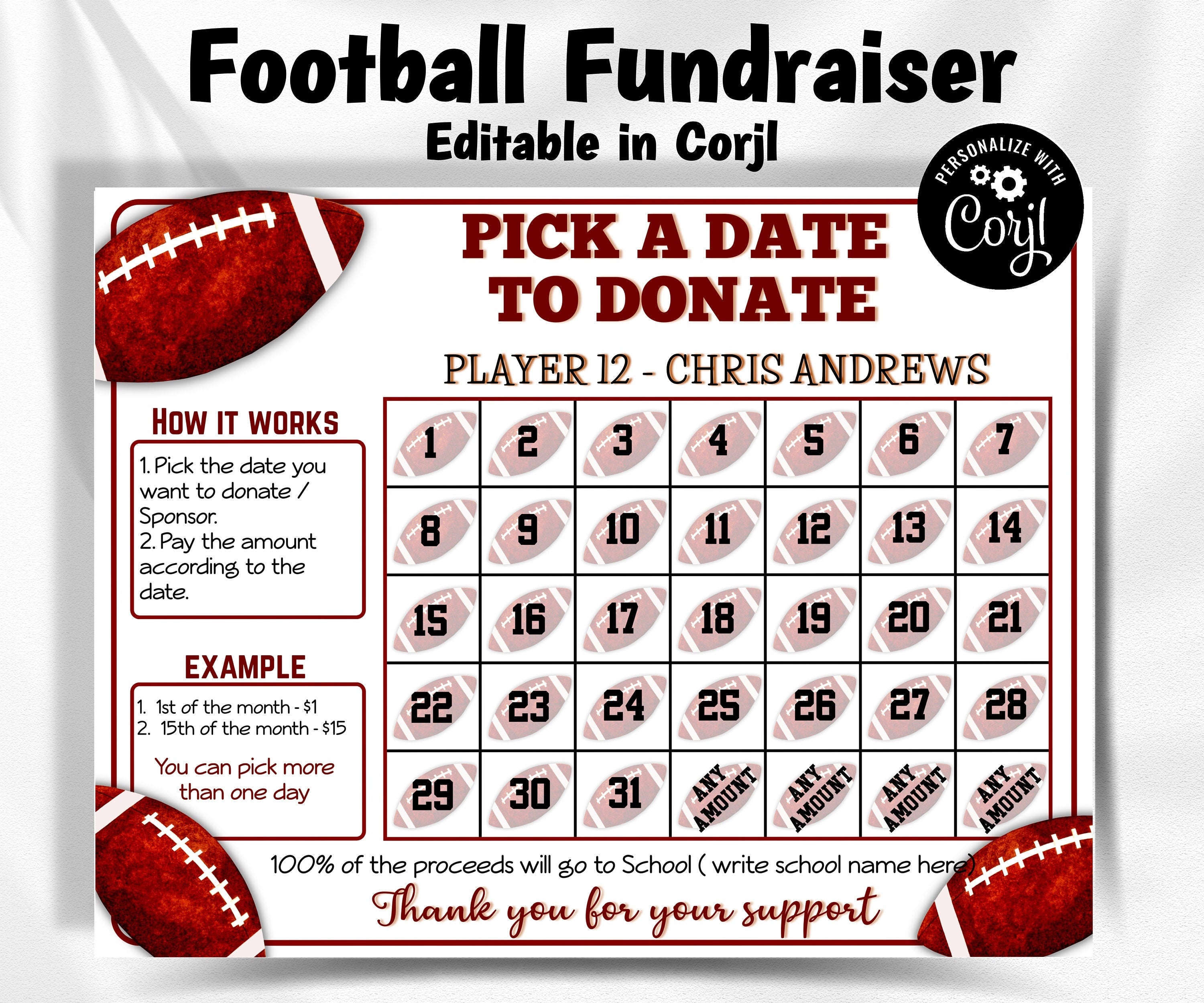 Editable Football Fundraiser Calendar | Pick A Date To Donate Printable | Digital Template | Team Sports Football Player Calendar I team