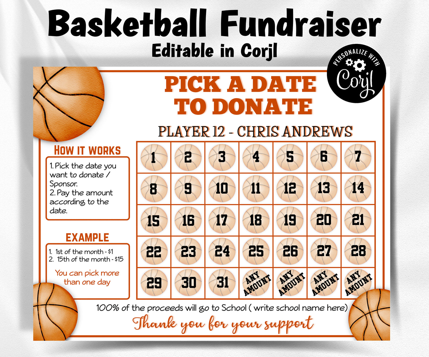 Basketball Fundraiser Calendar | Black Out My Board | Elite Basketball | Basketball Pick A Date To Donate I Basketball Sponsor I Team Fund