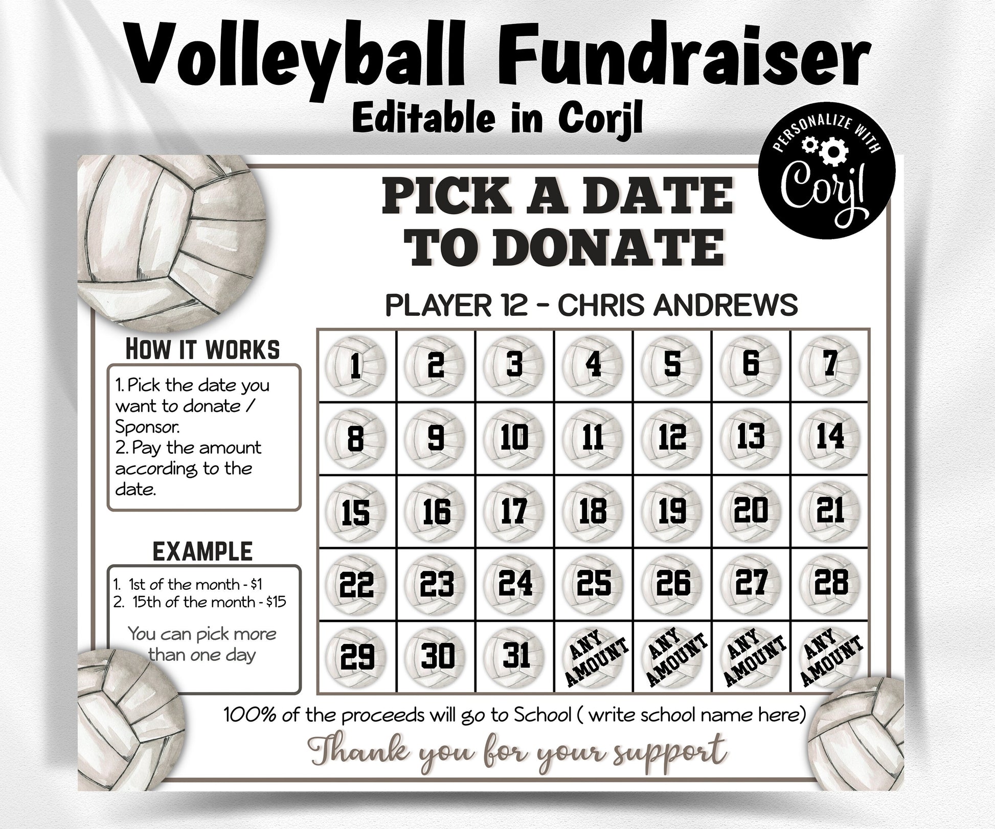 Volleyball Fundraiser | Volleyball Black Out My Board | Editable File | Editable in Corjl Printable Pay The Date | Digital Template I Sport