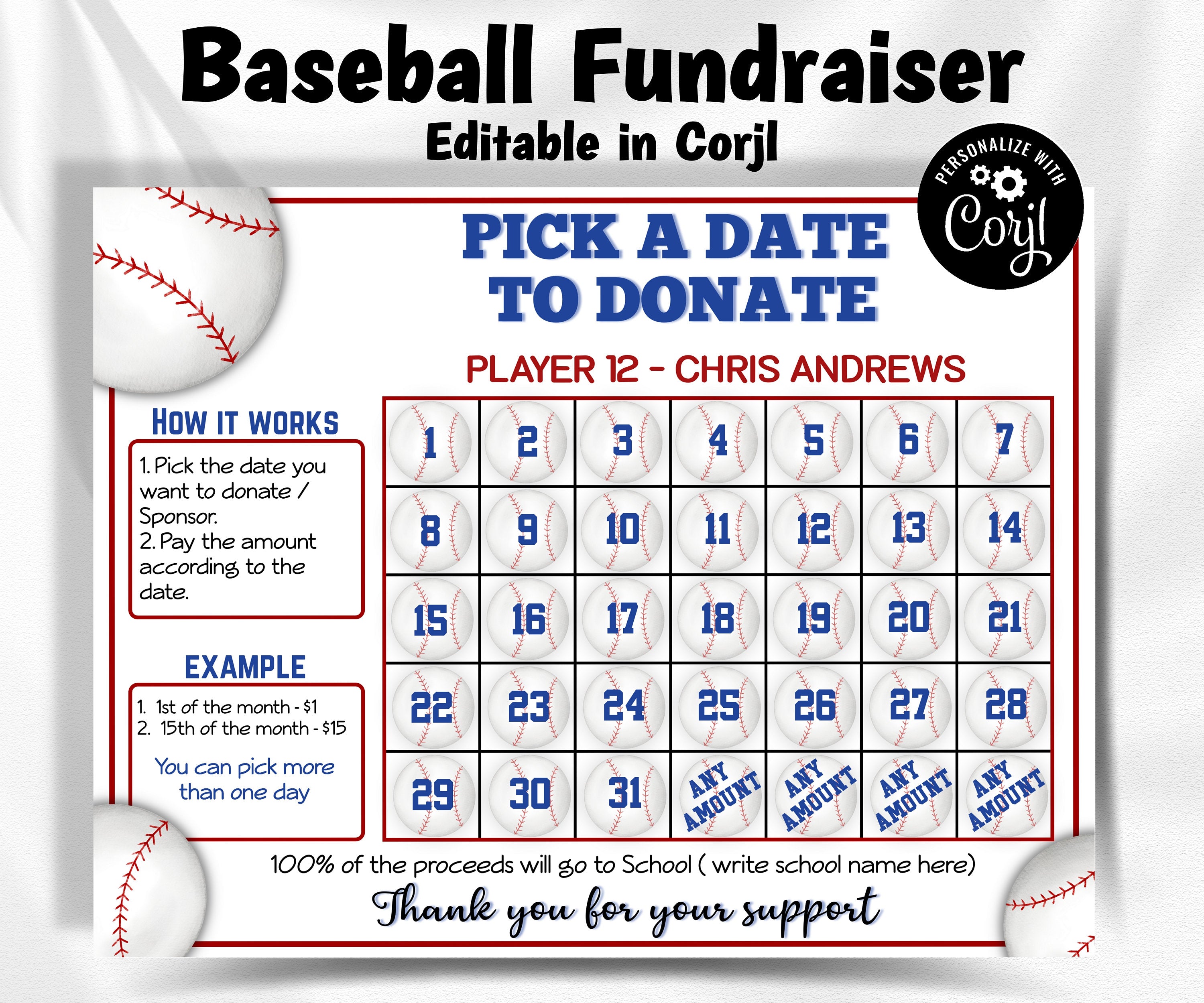 Baseball Calendar Fundraiser | Editable in Corjl File | Baseball Fundraiser | Pick A Date To Donate | Baseball Team Ideas I Pick A Date