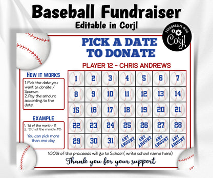 Baseball Calendar Fundraiser | Editable in Corjl File | Baseball Fundraiser | Pick A Date To Donate | Baseball Team Ideas I Pick A Date