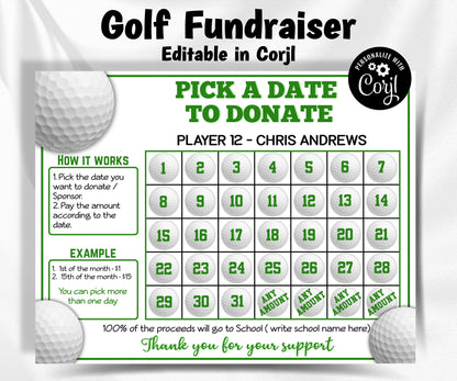 Golf Calendar Fundraiser | Editable in Corjl File | Golf Fundraiser | Pick A Date To Donate | Golf Team Ideas I Pick A Date Golf Fund