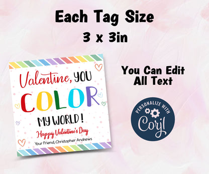 Editable in Corjl Rainbow Valentine' | Rainbow School Tag I Kid Valentine Girl | Rainbow Valentine Day Gift Tag | Crayon Card Valentine