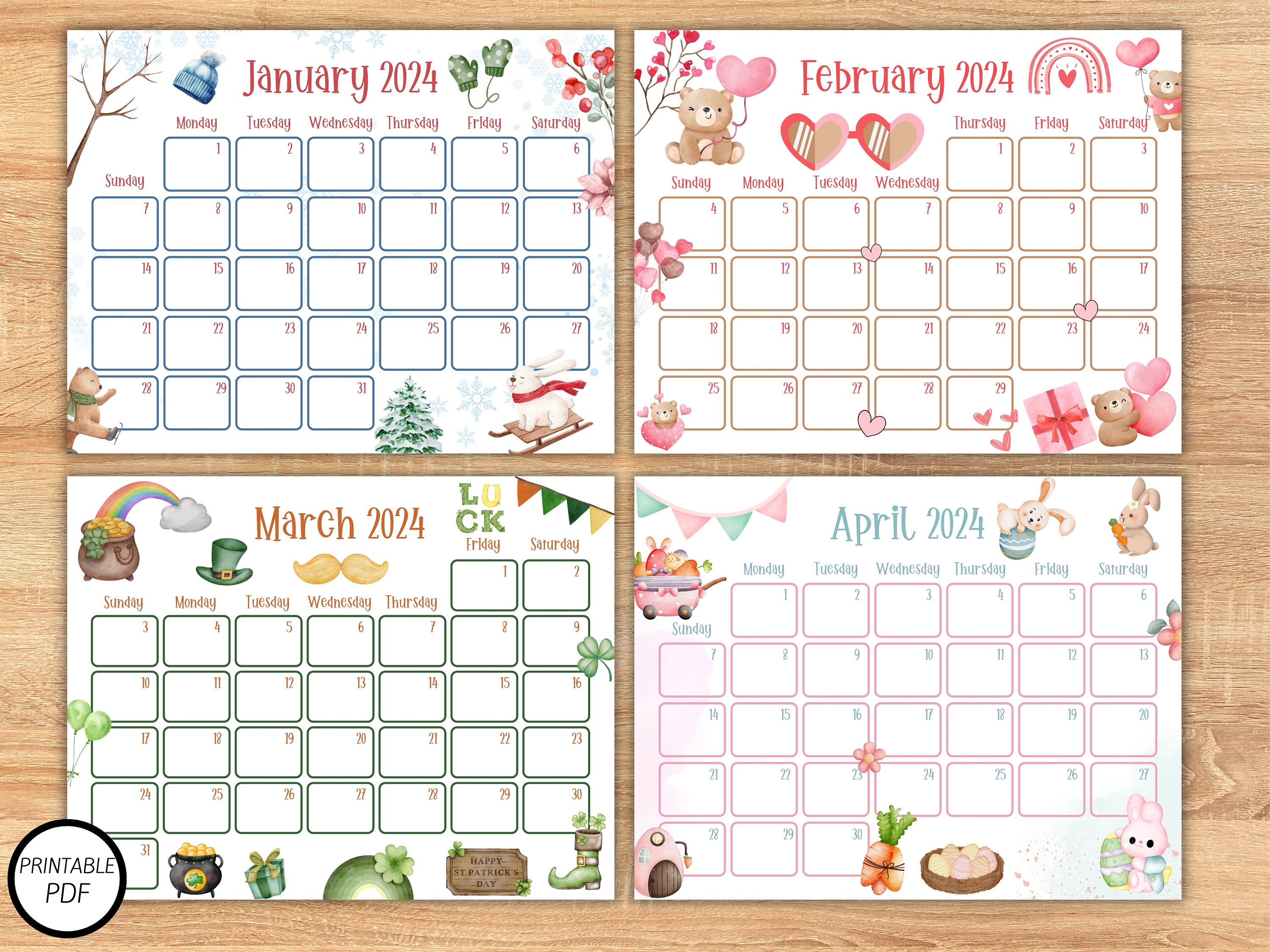 2024 Cute Printable Calendars, Printable Kids Calendars, Watercolor Calendars, Homeschool Calendars, Kids Calendars, Cute Calendars, annual