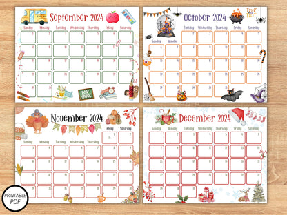 2024 Cute Printable Calendars, Printable Kids Calendars, Watercolor Calendars, Homeschool Calendars, Kids Calendars, Cute Calendars, annual