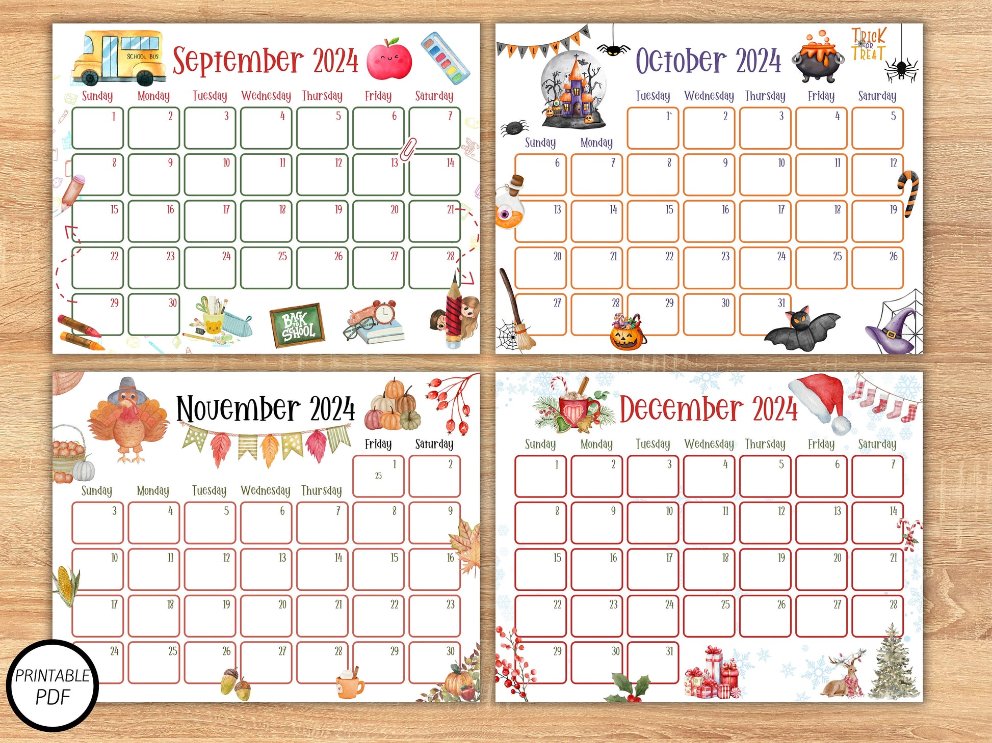 2024 Cute Printable Calendars, Printable Kids Calendars, Watercolor Calendars, Homeschool Calendars, Kids Calendars, Cute Calendars, annual