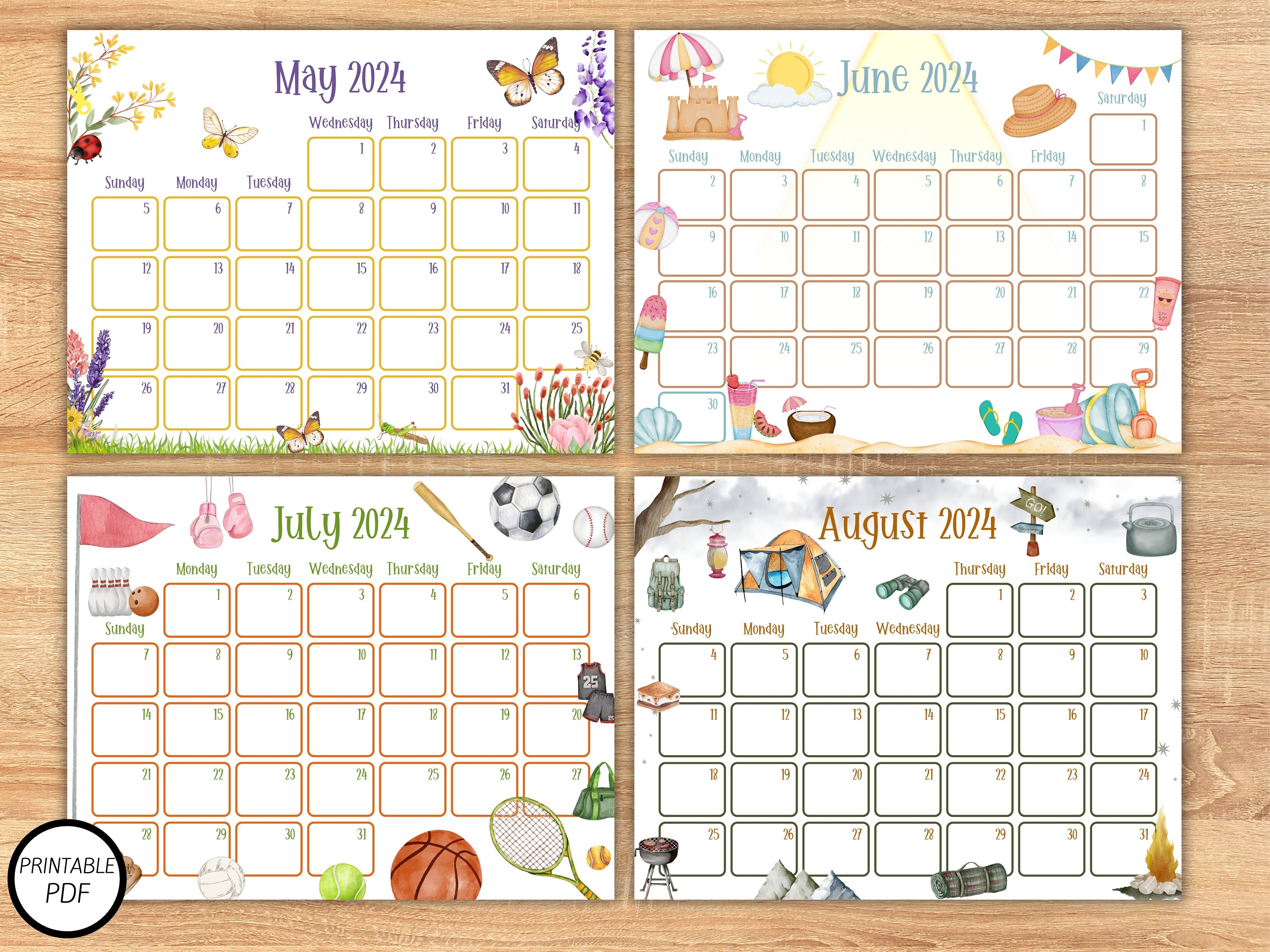 2024 Cute Printable Calendars, Printable Kids Calendars, Watercolor Calendars, Homeschool Calendars, Kids Calendars, Cute Calendars, annual