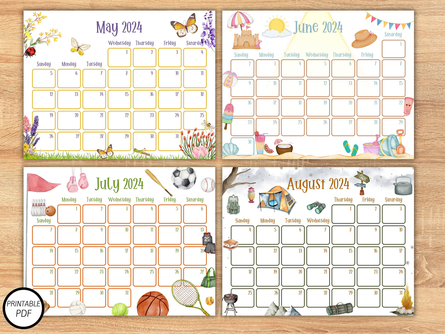 2024 Cute Printable Calendars, Printable Kids Calendars, Watercolor Calendars, Homeschool Calendars, Kids Calendars, Cute Calendars, annual