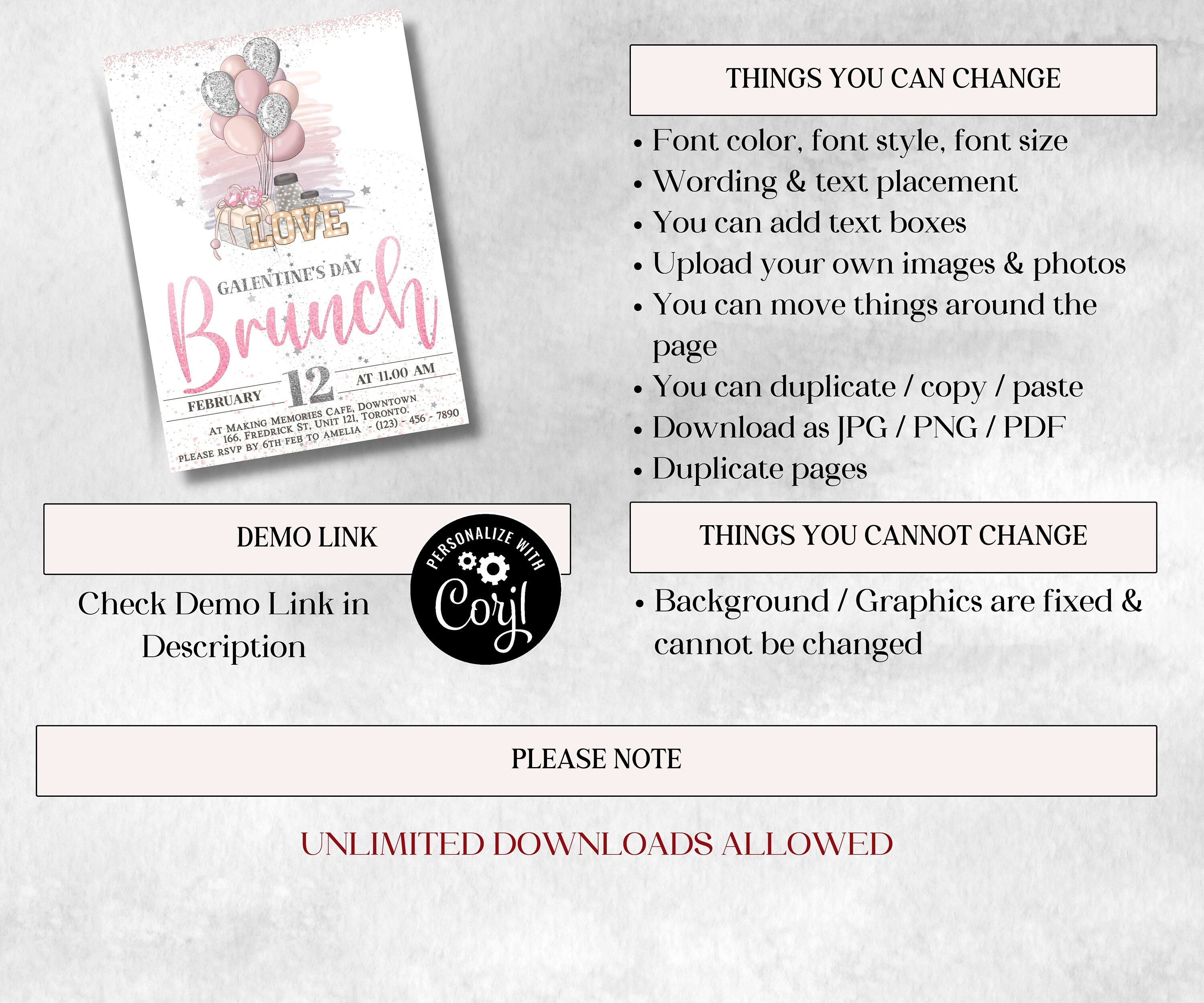 Galentine'S Brunch Party | Girls Night | Corjl Template | Galentines Party I Galentine Editable Invitation I Galentine Brunch Invite