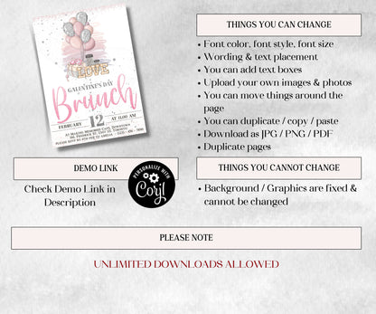 Galentine'S Brunch Party | Girls Night | Corjl Template | Galentines Party I Galentine Editable Invitation I Galentine Brunch Invite