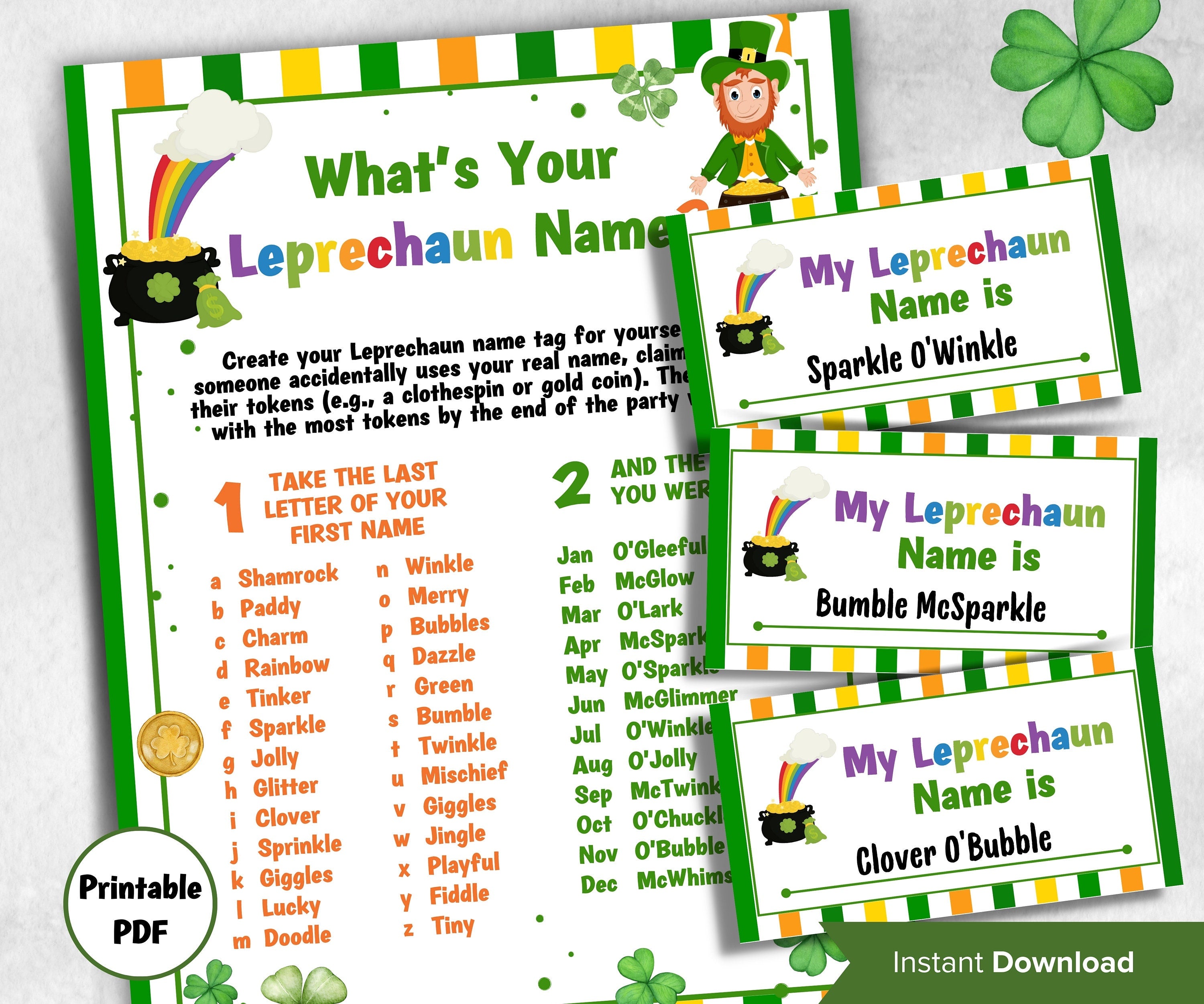 Leprechaun name tag game, Leprechaun name board sign, Leprechaun name generator, What's Your Leprechaun name, St Patricks Day Games-St.Patricks Day -TheHustlingCatLady-Stickers, Labels & Tags