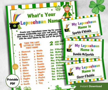 Leprechaun name tag game, Leprechaun name board sign, Leprechaun name generator, What's Your Leprechaun name, St Patricks Day Games-St.Patricks Day -TheHustlingCatLady-Stickers, Labels & Tags