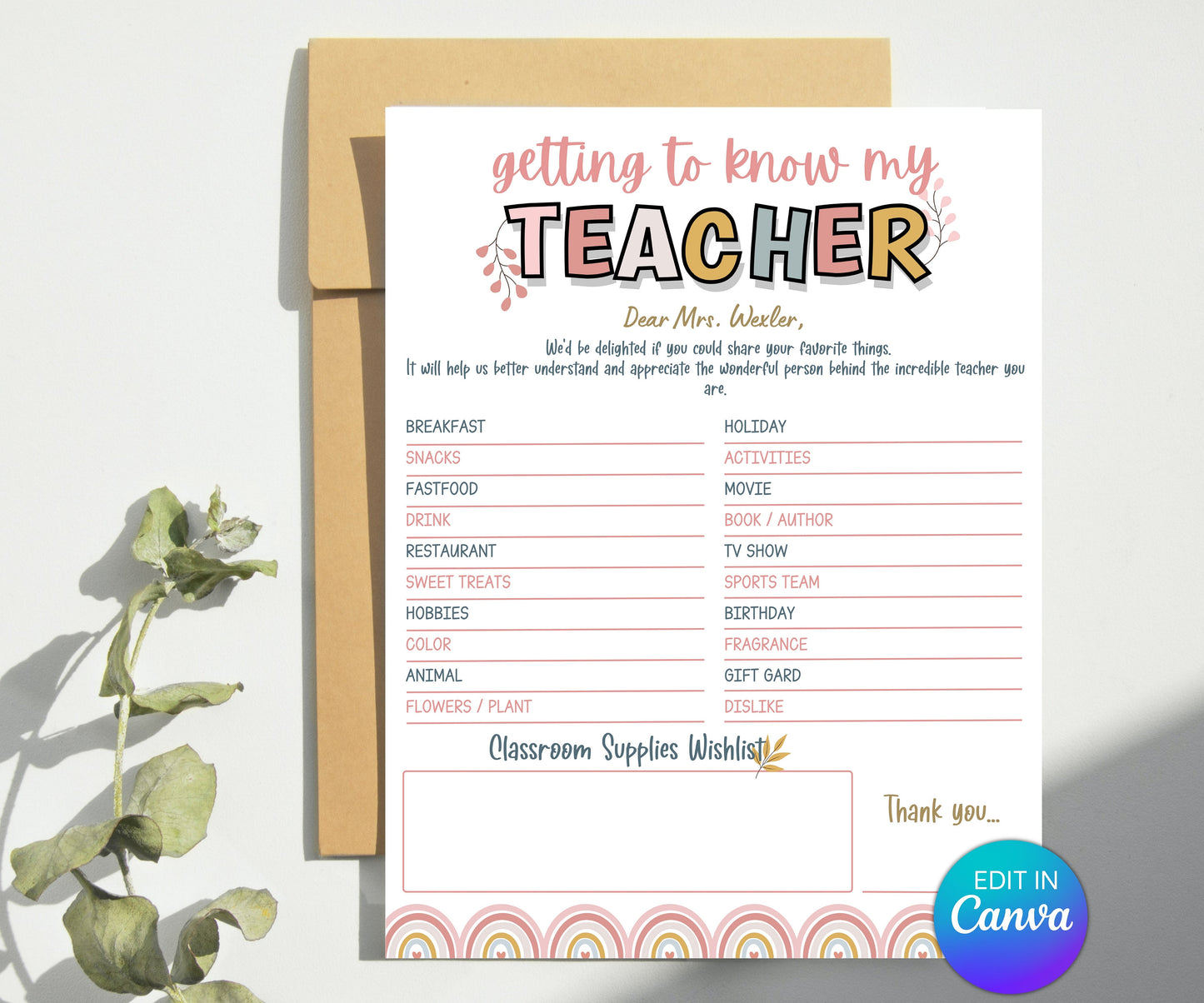 Getting to know my teacher I All about my teacher I Teacher favorites I Teacher Survey I Teacher Gift ideas I End of school gift I School