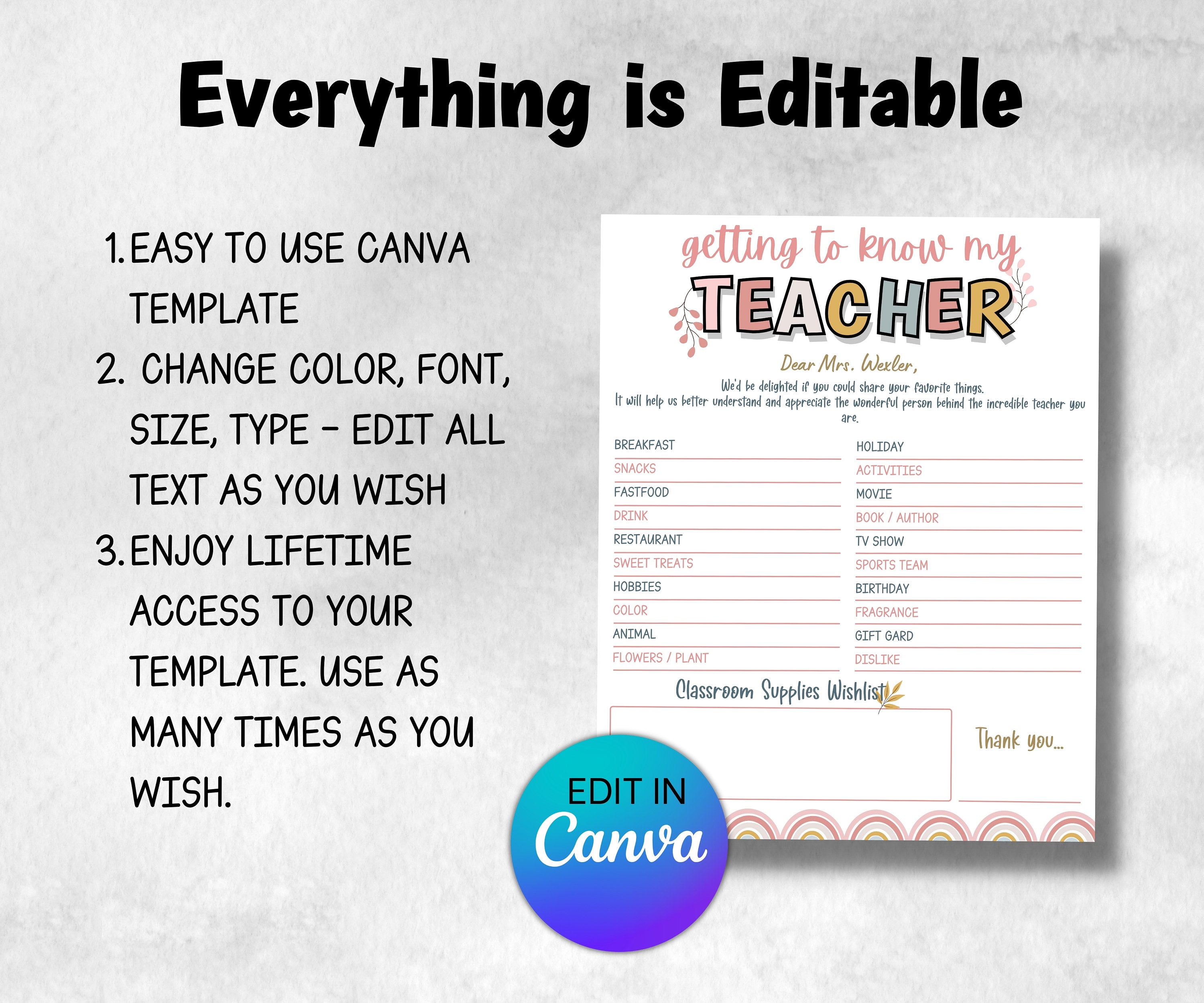 Getting to know my teacher I All about my teacher I Teacher favorites I Teacher Survey I Teacher Gift ideas I End of school gift I School