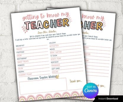 Getting to know my teacher I All about my teacher I Teacher favorites I Teacher Survey I Teacher Gift ideas I End of school gift I School