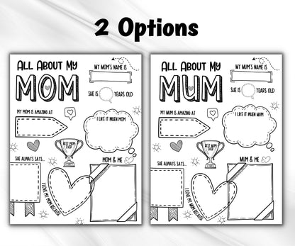 Mothers Day Questionnaire Preschool |Mothers Day Printable | Mothers Day Gift | All About Mom | All About My Mum Printable I Coloring Page