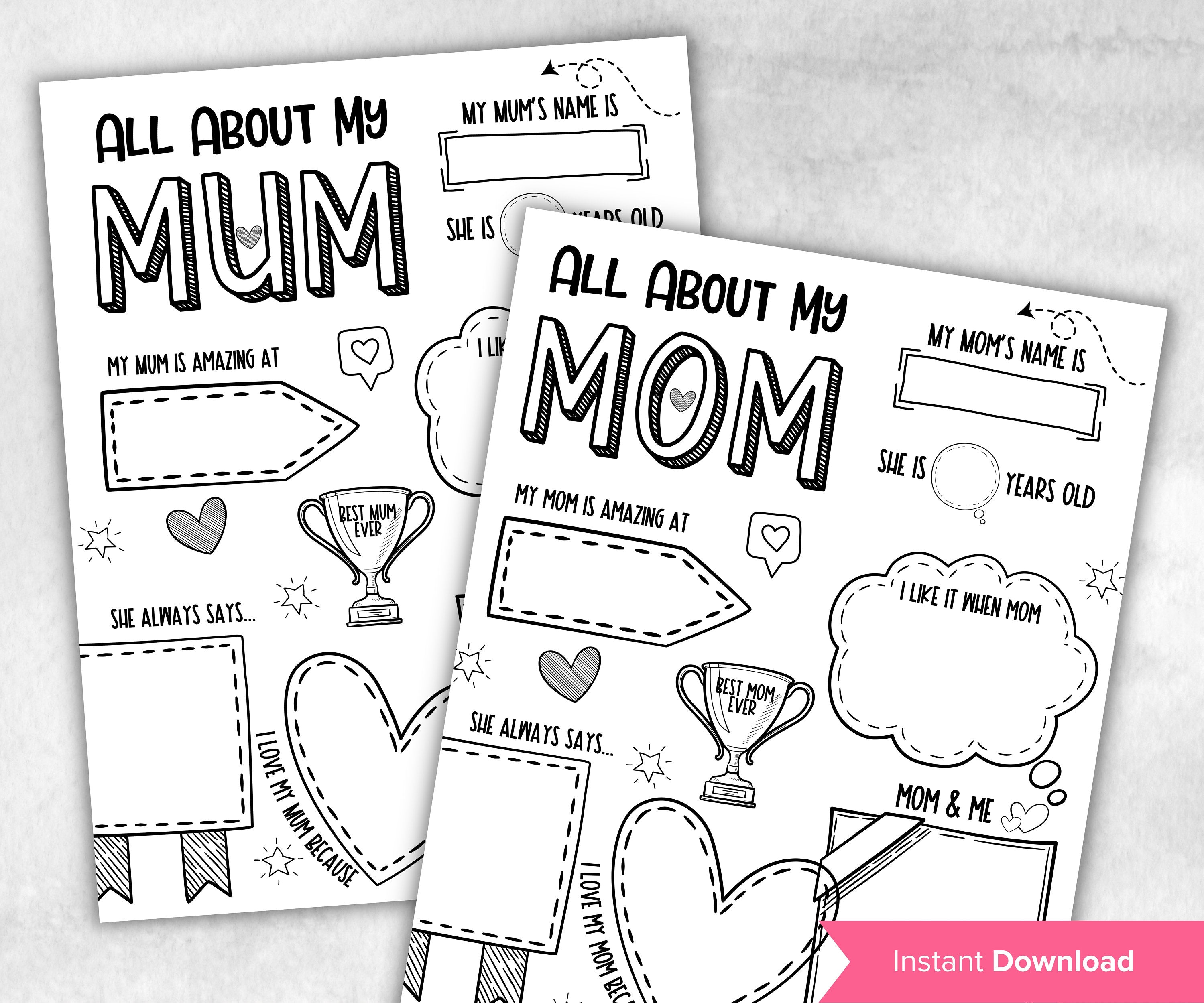 Mothers Day Questionnaire Preschool |Mothers Day Printable | Mothers Day Gift | All About Mom | All About My Mum Printable I Coloring Page