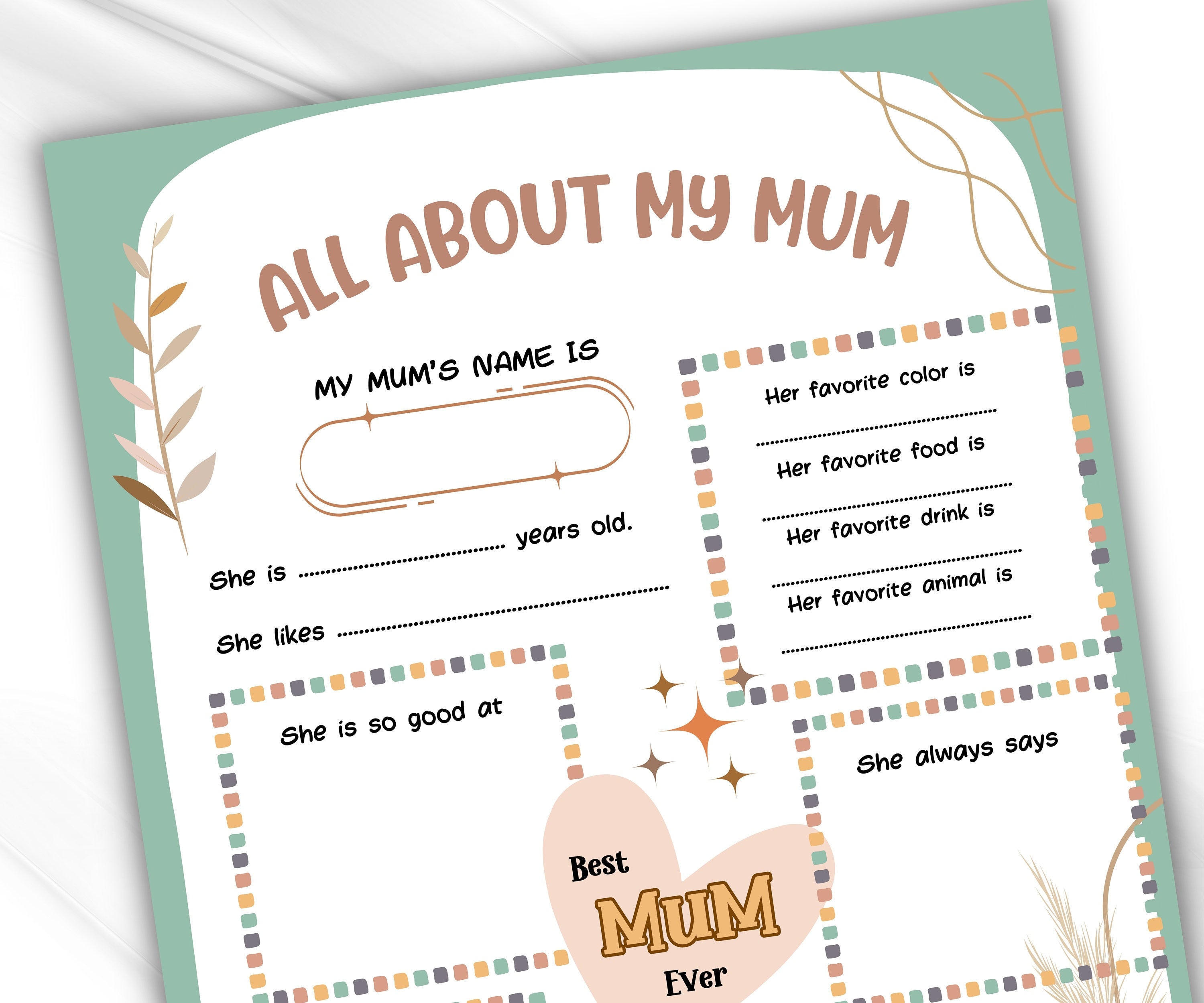 Mothers Day Printable | Mothers Day Gift | All About Mom | Mothers Day Questionnaire Preschool | All About My Mum Printable coloring page